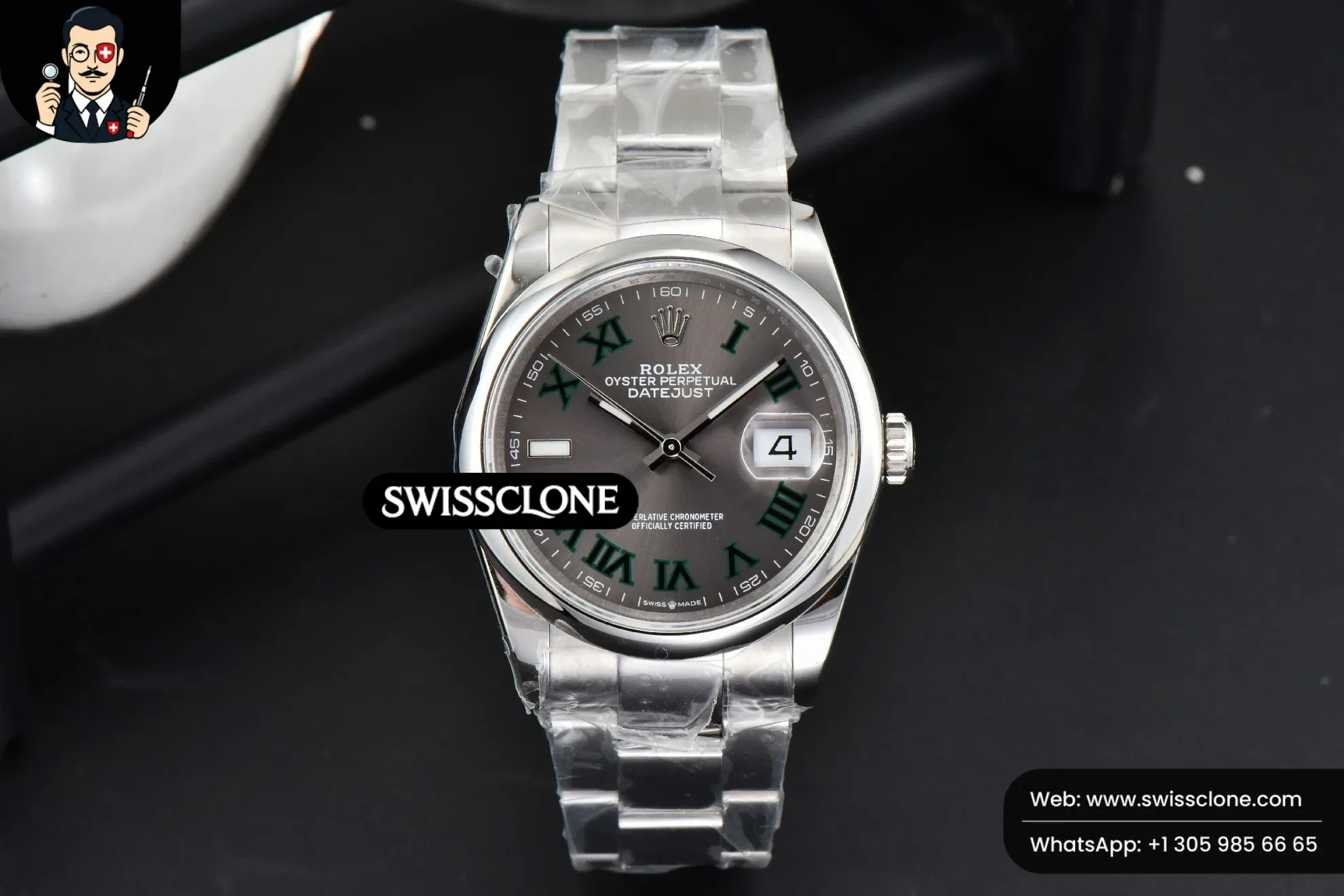 Rolex DateJust 36mm Smooth Wimbledon Gray Dial Green Roma Marker Oyster 1:1 Super Clone - Dial Macro Close-Up