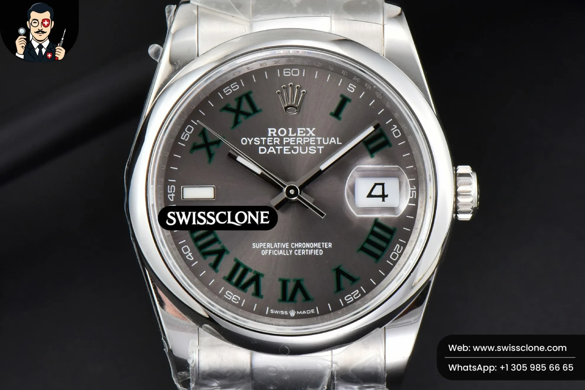 Rolex DateJust 36mm Smooth Wimbledon Gray Dial Green Roma Marker Oyster
