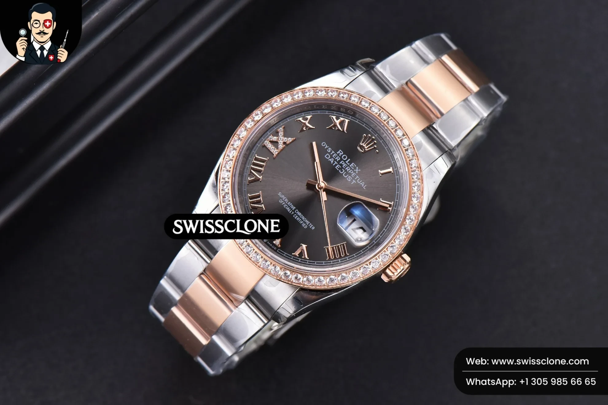 Rolex DateJust 36mm SS/RG Black Dial Roma Marker Diamond Roma Bezel Oyster 1:1 Super Clone - Bezel & Case Profile