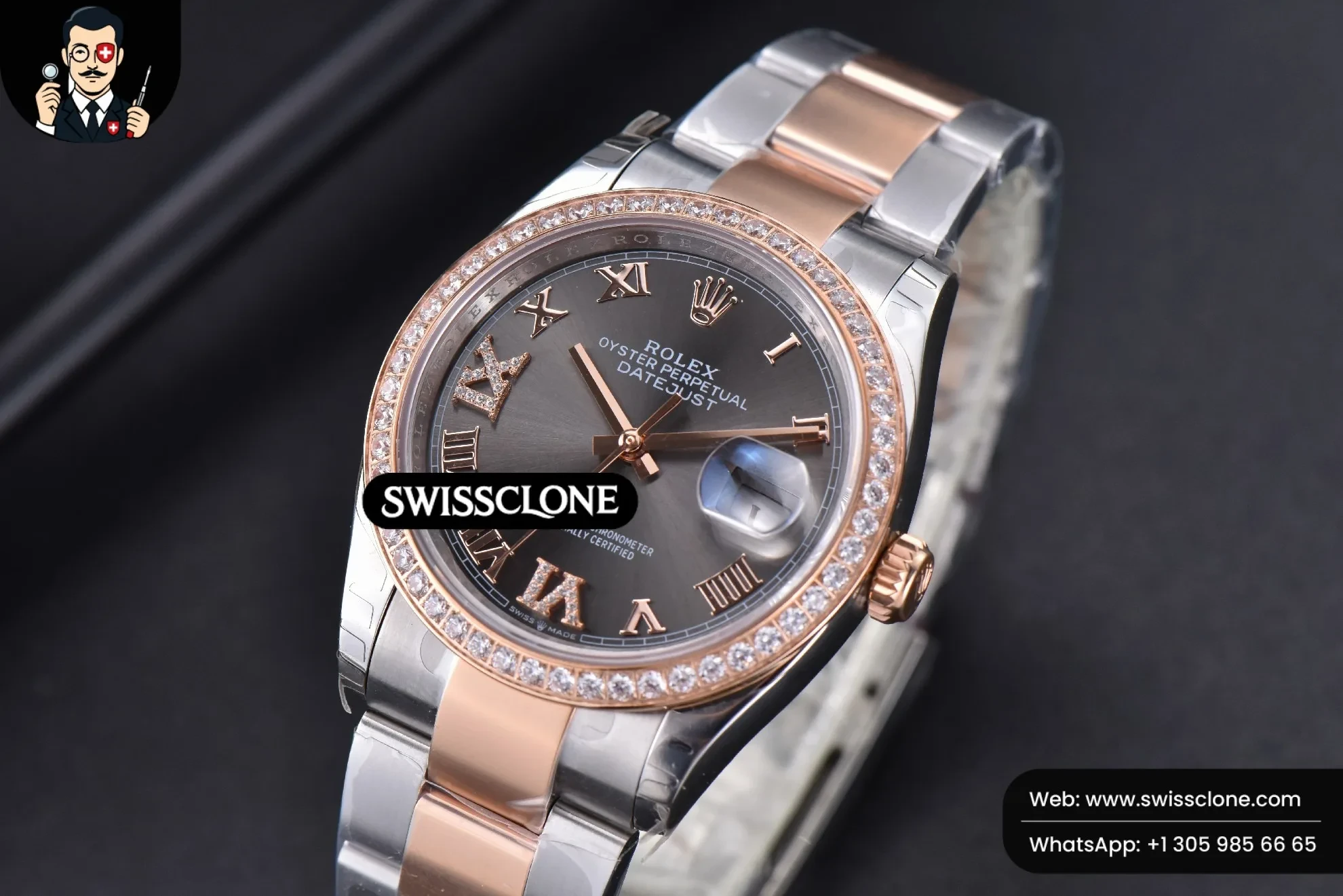 Rolex DateJust 36mm SS/RG Black Dial Roma Marker Diamond Roma Bezel Oyster 1:1 Super Clone - Clasp & Bracelet Finishing
