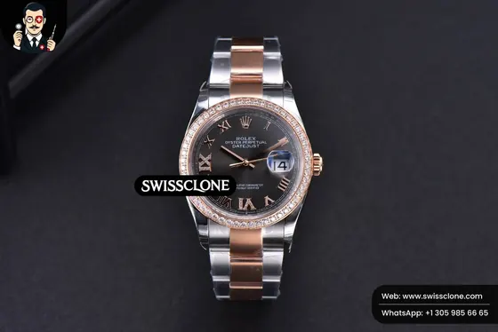 Rolex DateJust 36mm SS/RG Black Dial Roma Marker Diamond Roma Bezel Oyster 1:1 Super Clone - Dial Macro Close-Up