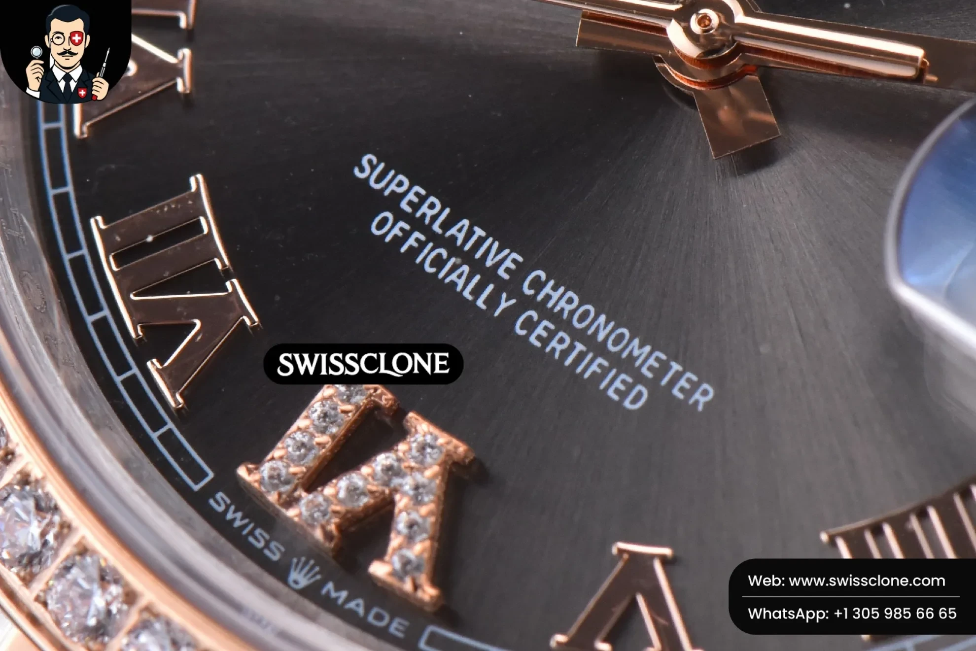 Rolex DateJust 36mm SS/RG Black Dial Roma Marker Diamond Roma Bezel Oyster 1:1 Super Clone - On-Wrist Presence View