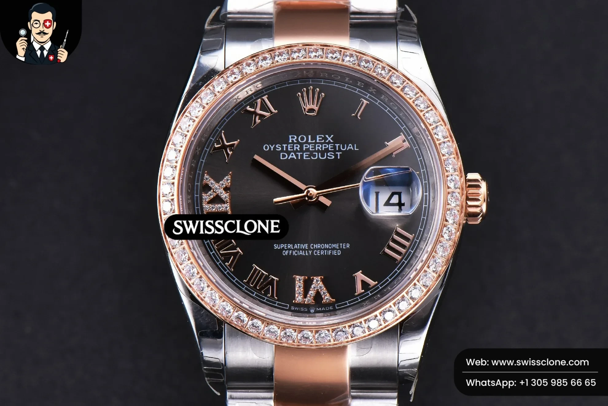 Rolex DateJust 36mm SS/RG Black Dial Roma Marker Diamond Roma Bezel Oyster