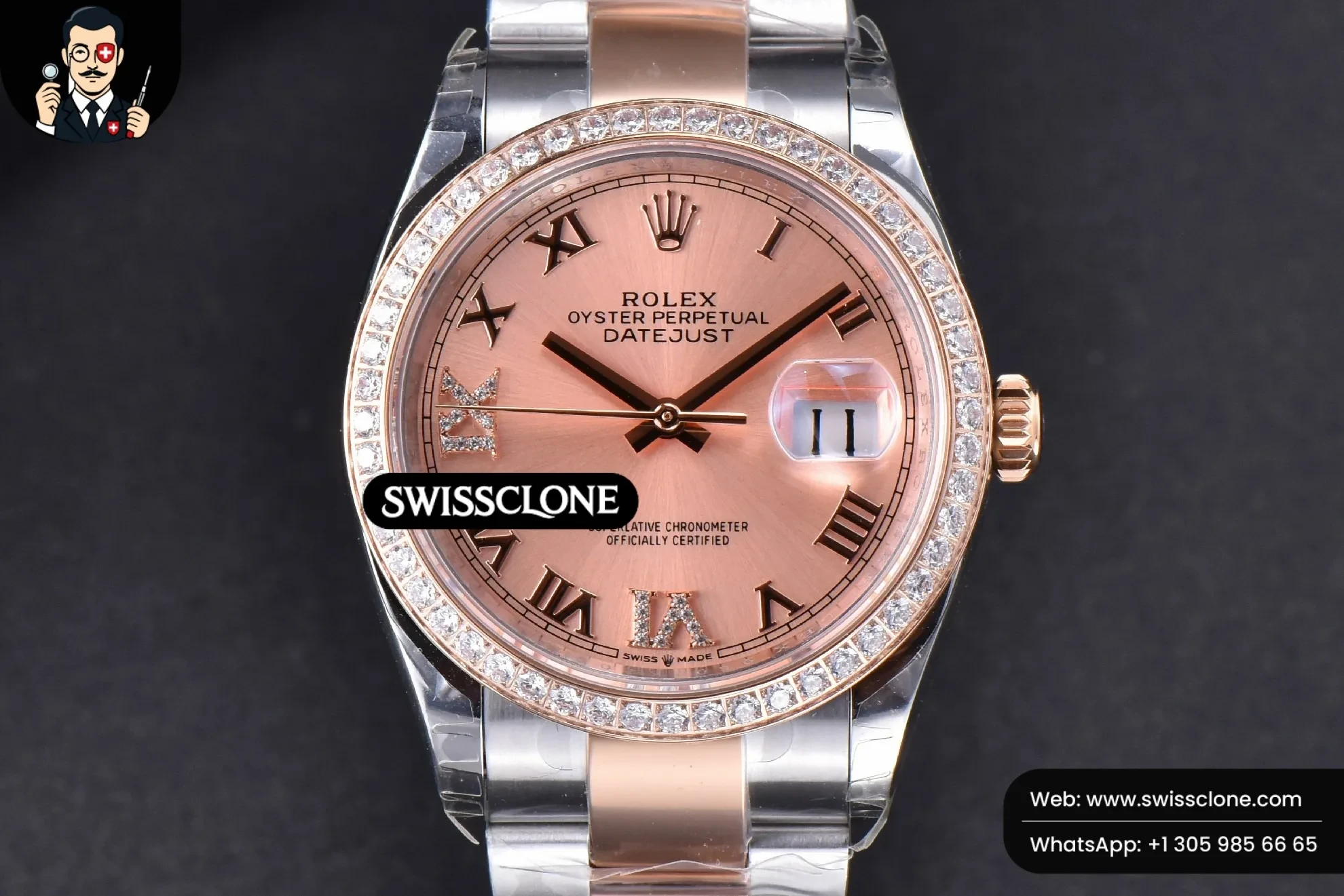 Rolex DateJust 36mm SS/RG Dial Diamond Roma Marker Diamond Bezel Oyster
