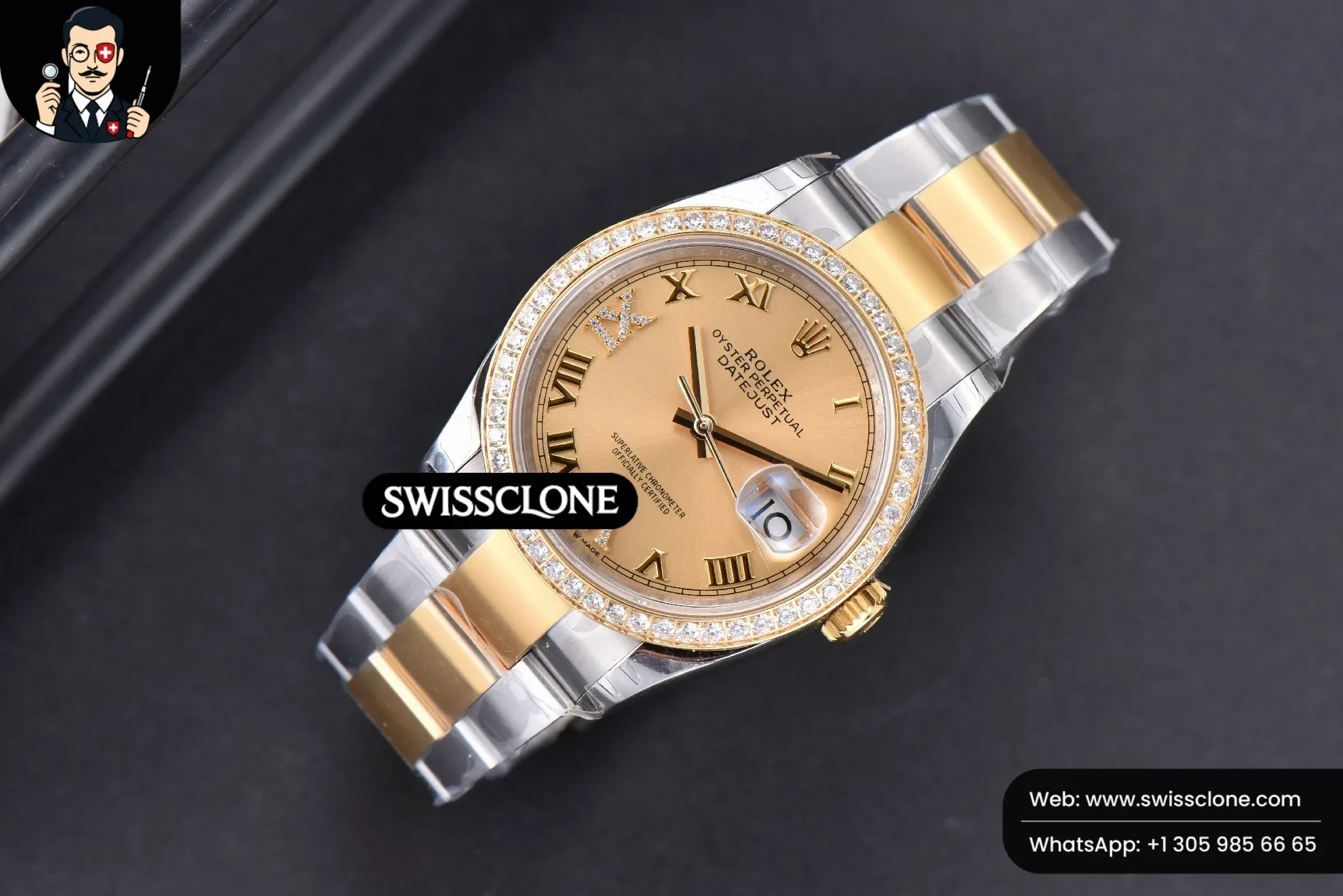 Rolex DateJust 36mm SS/YG Dial Diamond Roma Marker Diamond Bezel Oyster 1:1 Super Clone - Bezel & Case Profile