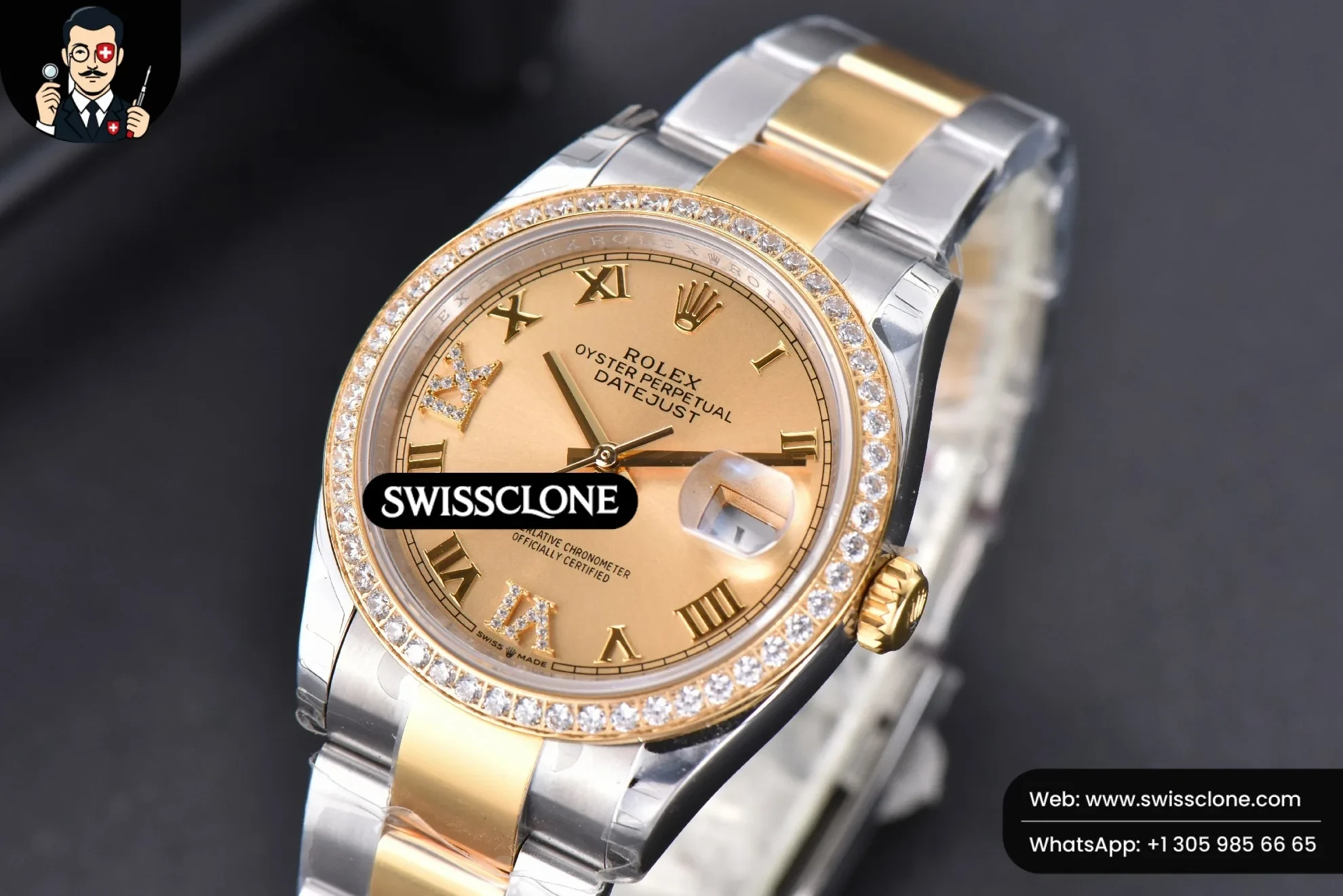 Rolex DateJust 36mm SS/YG Dial Diamond Roma Marker Diamond Bezel Oyster 1:1 Super Clone - Clasp & Bracelet Finishing