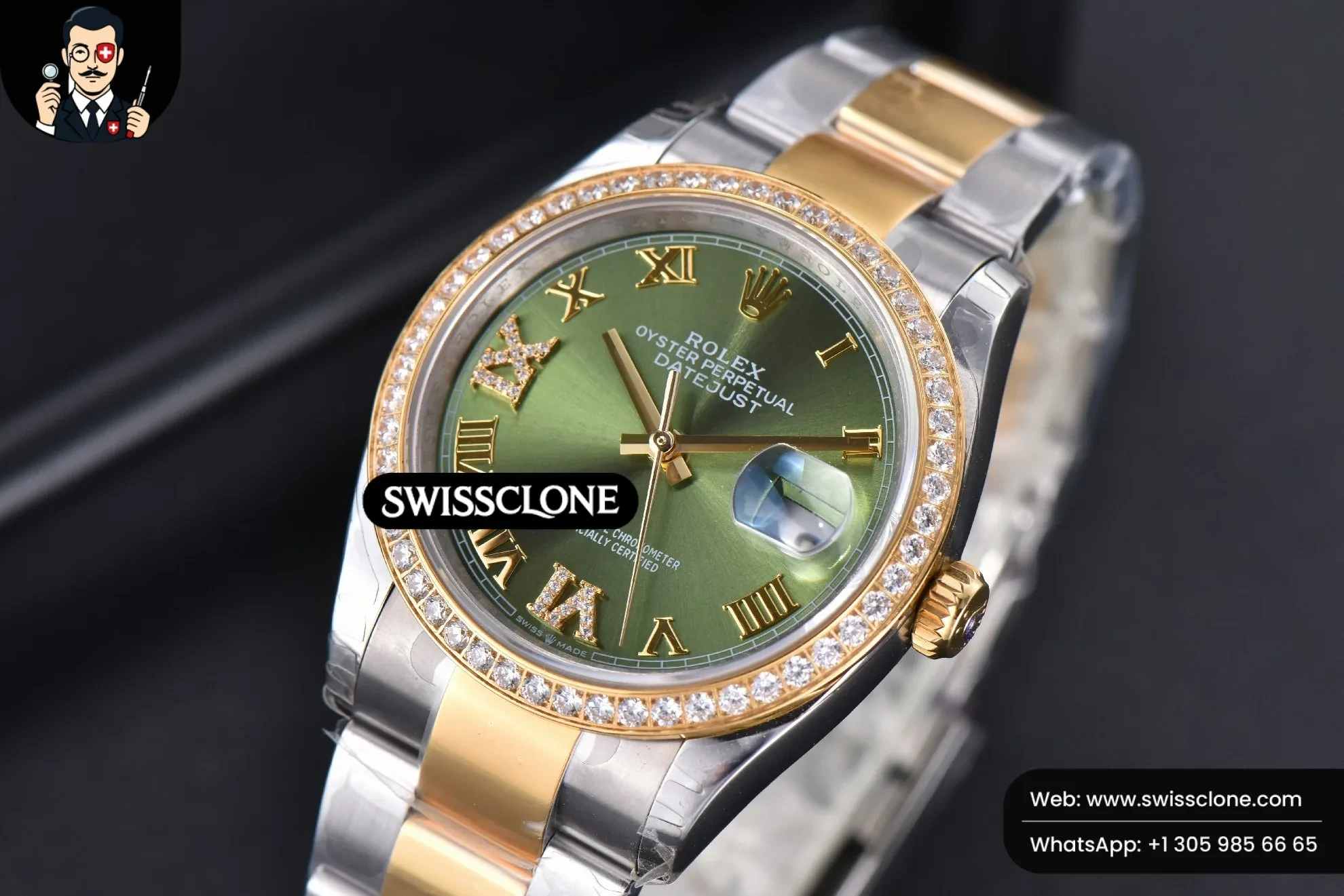 Rolex DateJust 36mm SS/YG Green Dial Diamond Roma Marker Diamond Bezel Oyster 1:1 Super Clone - Clasp & Bracelet Finishing