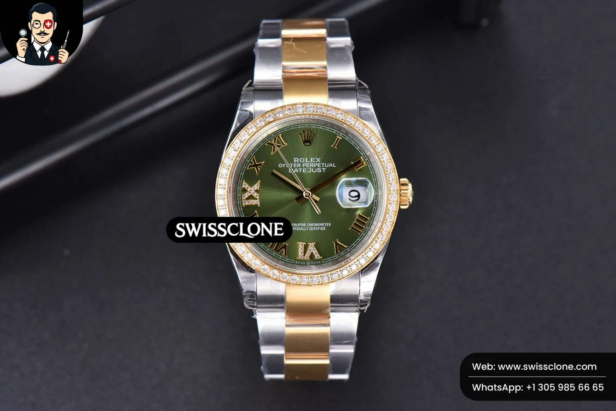 Rolex DateJust 36mm SS/YG Green Dial Diamond Roma Marker Diamond Bezel Oyster 1:1 Super Clone - Dial Macro Close-Up