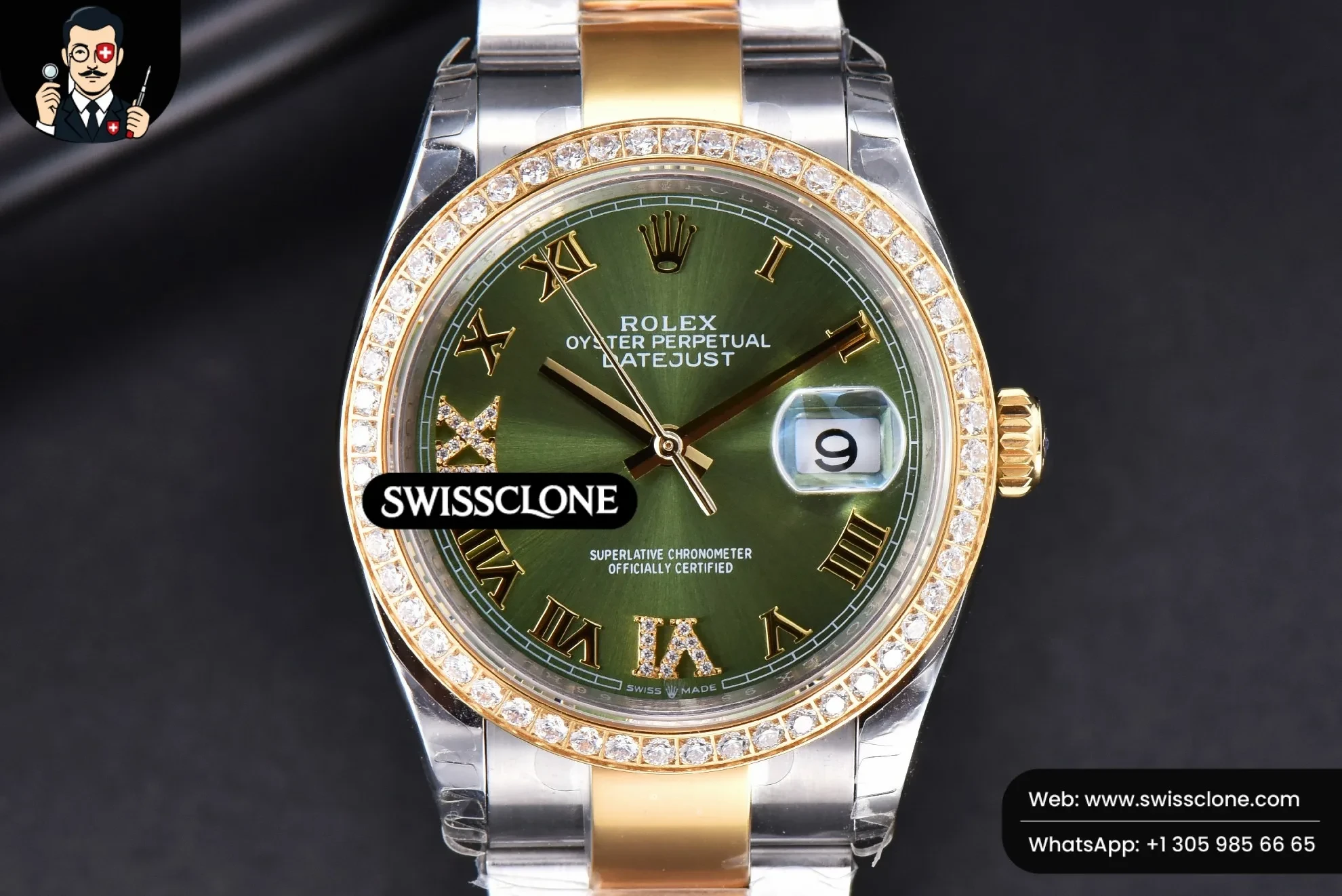 Rolex DateJust 36mm SS/YG Green Dial Diamond Roma Marker Diamond Bezel Oyster