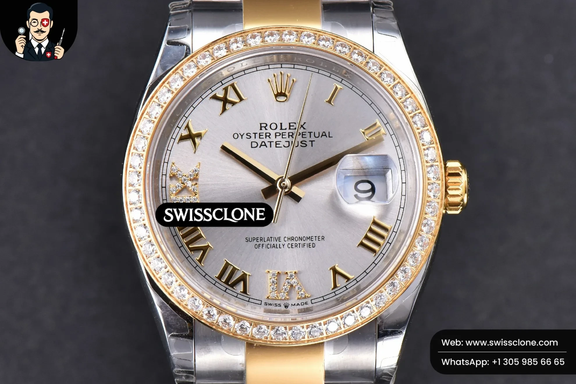 Rolex DateJust 36mm SS/YG Silver Dial Diamond Roma Marker Diamond Bezel Oyster
