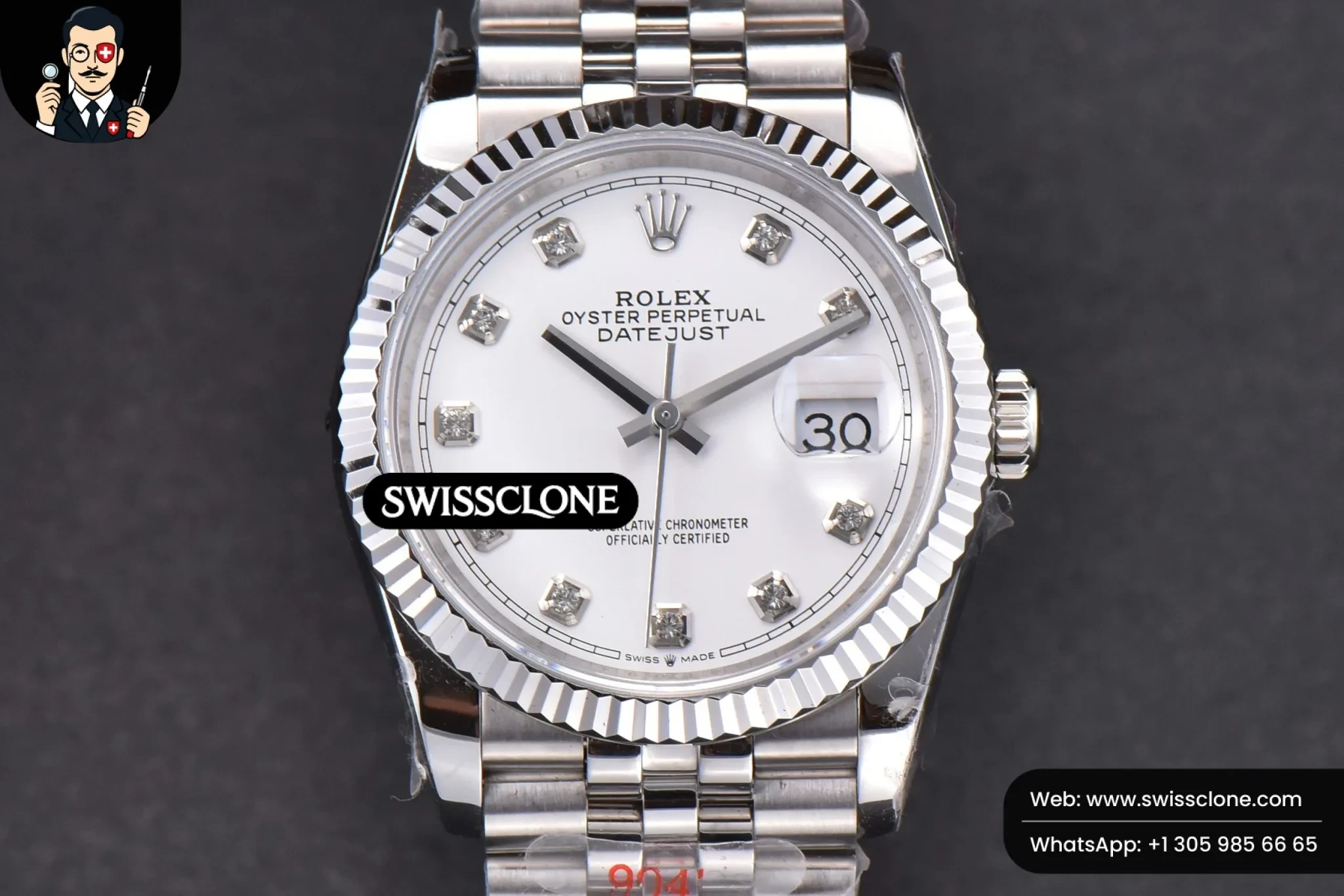 Rolex DateJust 36mm White Dial Diamond Marker Jubilee VR3235 1:1 Super Clone - Dial Macro Close-Up