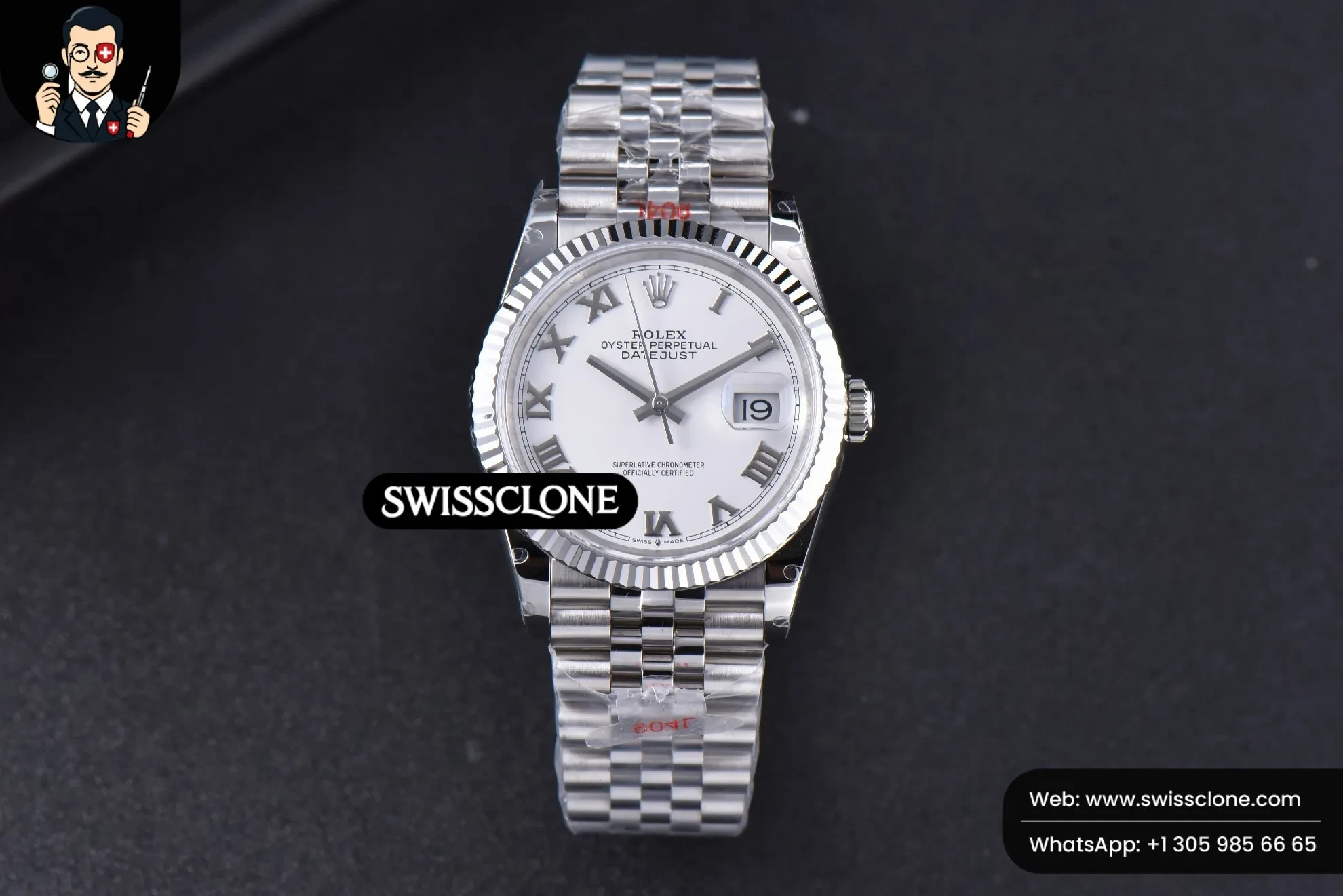 Rolex DateJust 36mm White Dial Roma Marker Jubilee VR3235 1:1 Super Clone - Dial Macro Close-Up