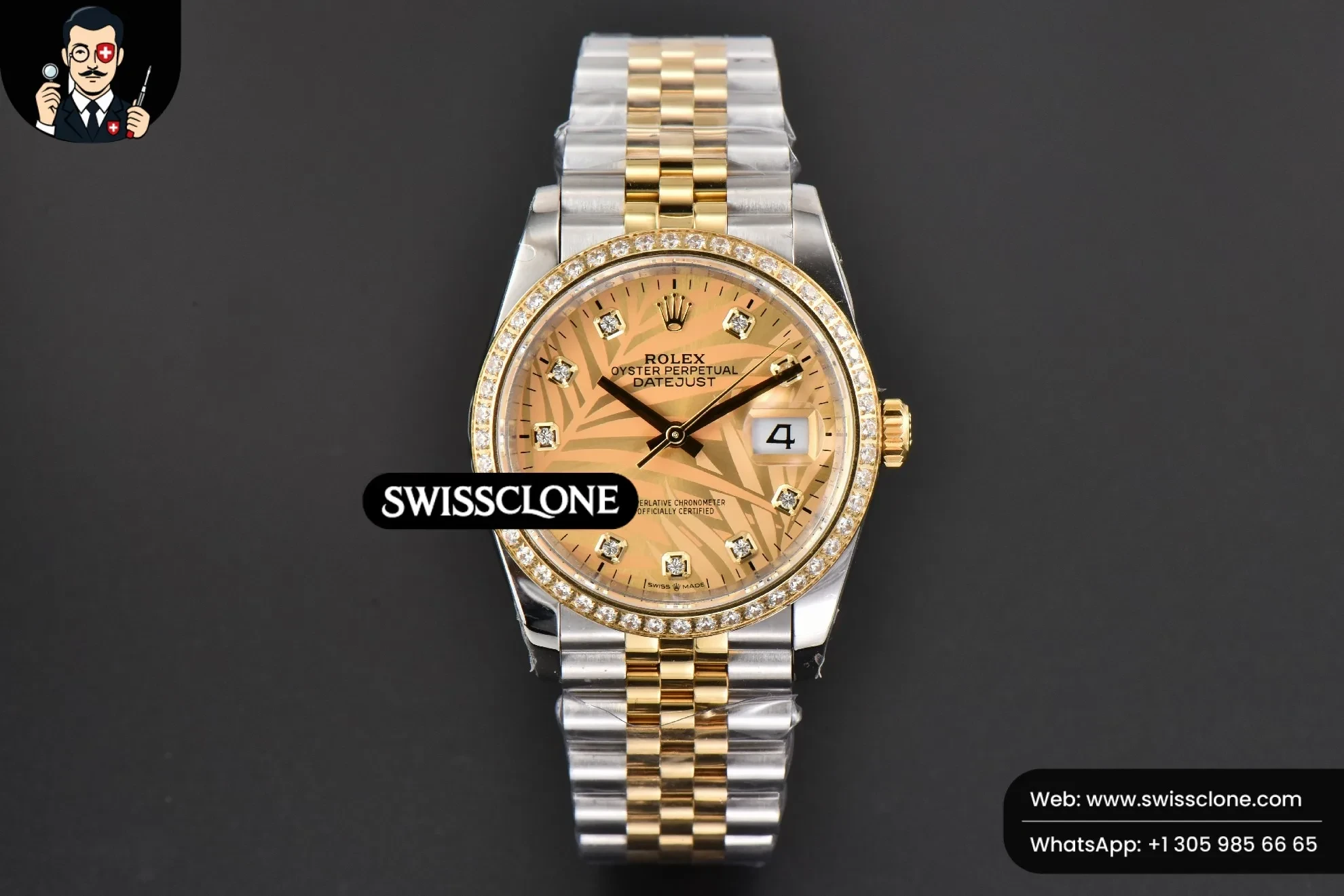 Rolex DateJust 36mm YG/SS Diamond Plam Dial Diamond Marker Jubilee 2824 (SW-28090) 1:1 Super Clone - Dial Macro & Hands Close-Up
