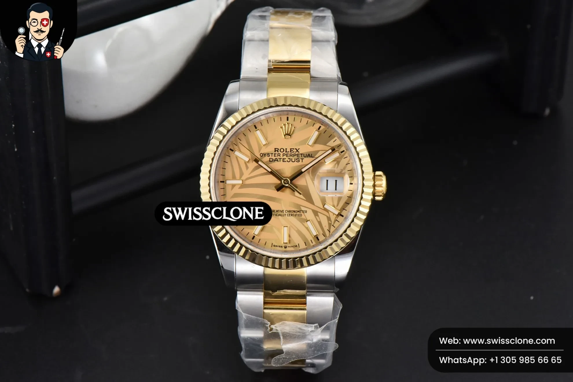 Rolex DateJust 36mm YG/SS Palm Dial Oyster 1:1 Super Clone - Dial Macro Close-Up