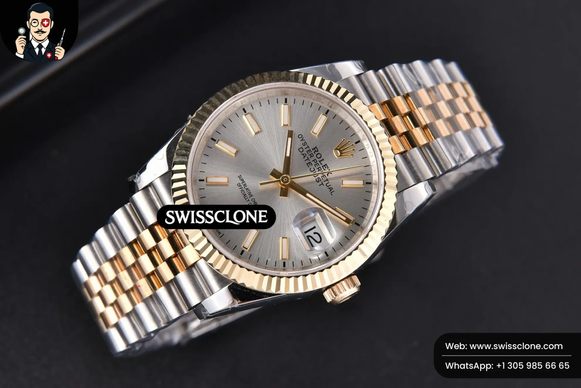 Rolex DateJust 36mm YG/SS Silver Dial Jubilee VR3235 1:1 Super Clone - Dial Macro Close-Up