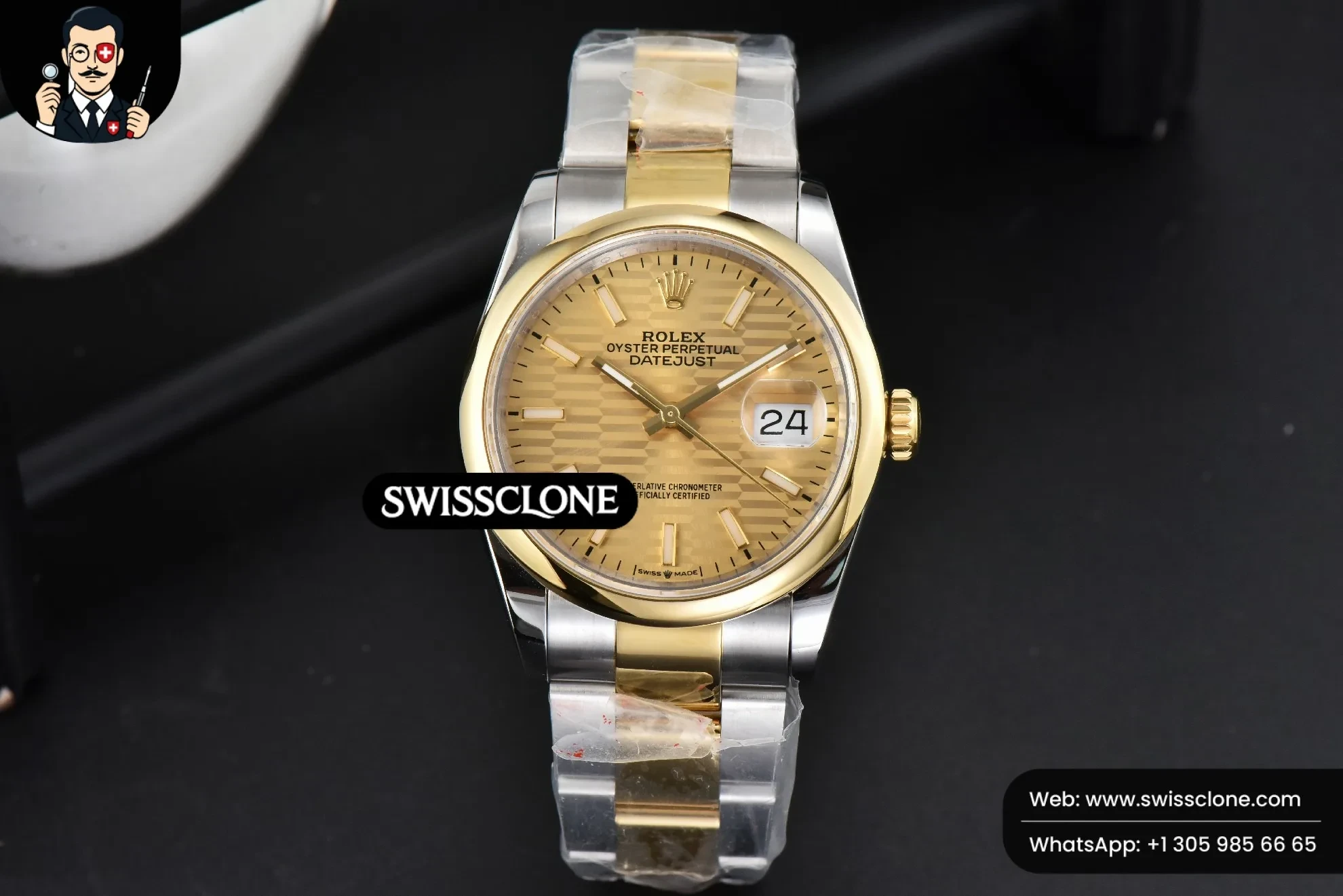 Rolex DateJust 36mm YG/SS Smooth Motif Dial Oyster 1:1 Super Clone - Dial Macro Close-Up