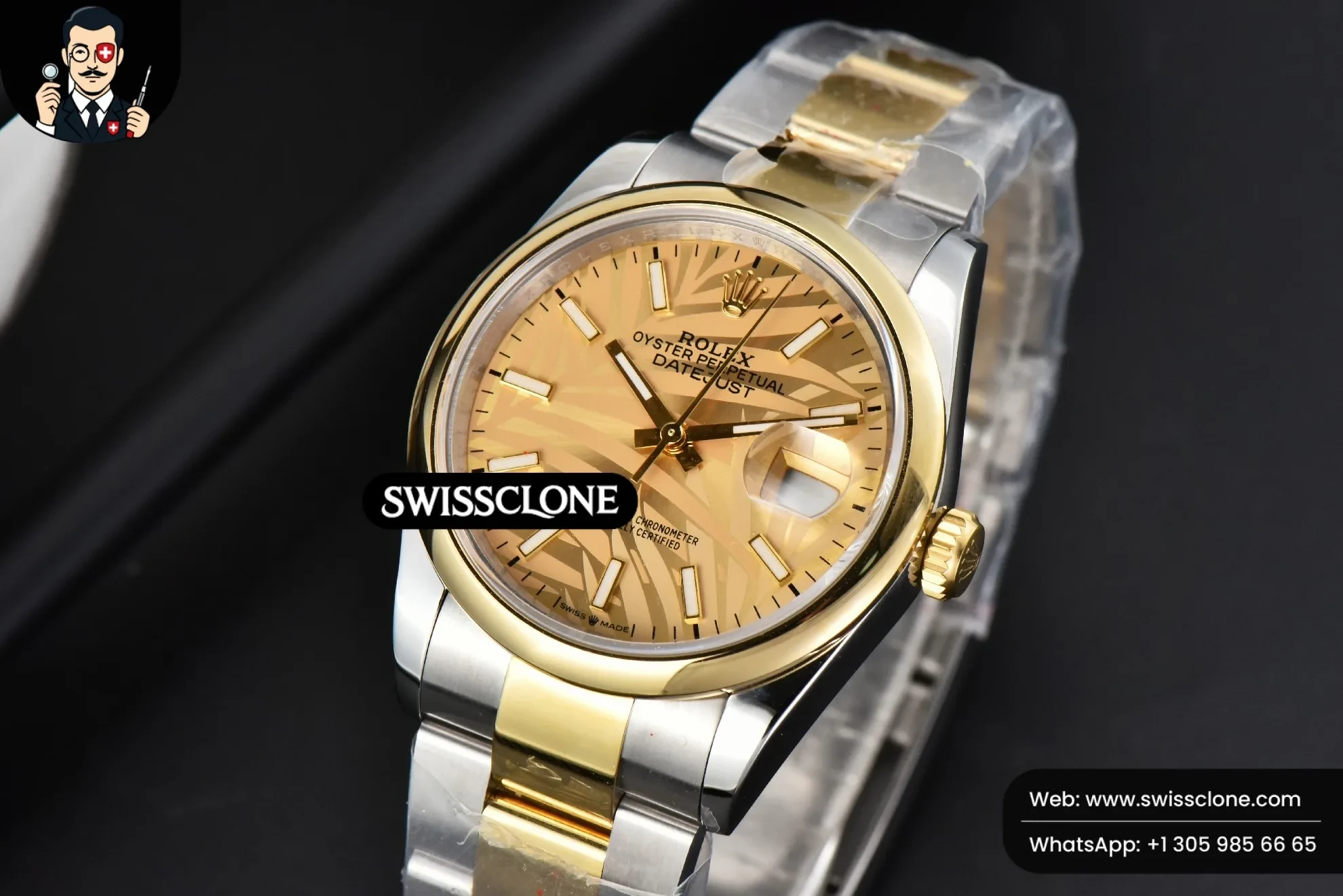 Rolex DateJust 36mm YG/SS Smooth Palm Dial Oyster 1:1 Super Clone - Bezel & Case Profile