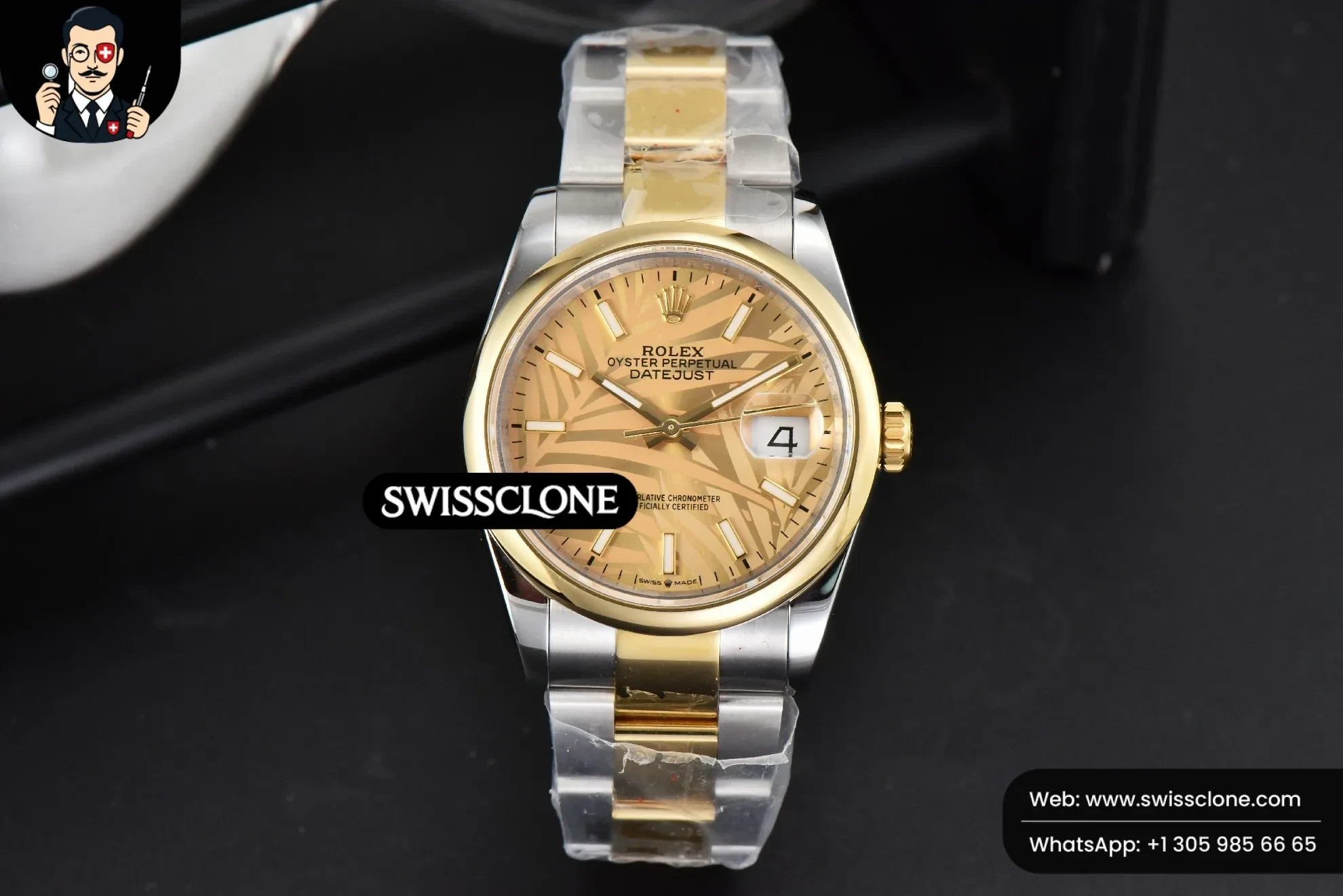 Rolex DateJust 36mm YG/SS Smooth Palm Dial Oyster 1:1 Super Clone - Dial Macro Close-Up