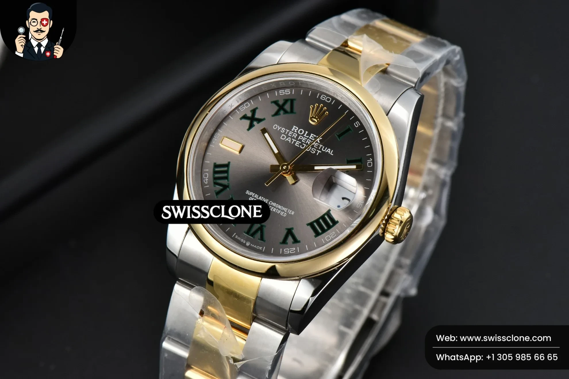 Rolex DateJust 36mm YG/SS Smooth Wimbledom Gray Dial Green Roma Marker Oyster 2824 1:1 Super Clone - Bezel & Case Profile