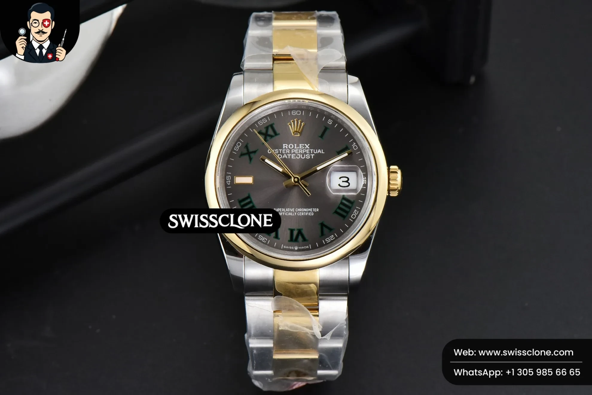 Rolex DateJust 36mm YG/SS Smooth Wimbledom Gray Dial Green Roma Marker Oyster 2824 1:1 Super Clone - Dial Macro Close-Up