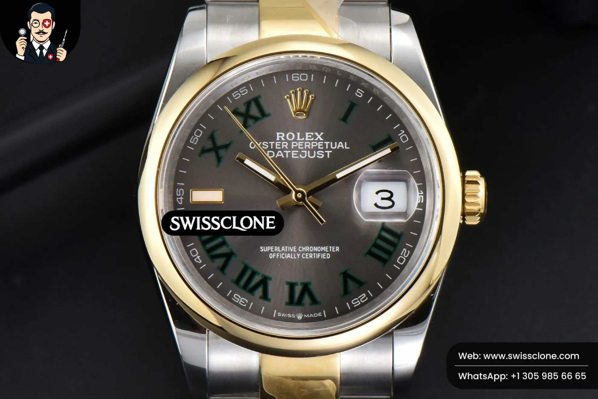 Rolex DateJust 36mm YG/SS Smooth Wimbledom Gray Dial Green Roma Marker Oyster 2824