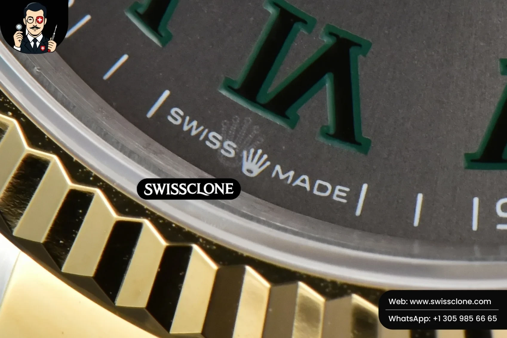 Rolex DateJust 36mm YG/SS Wimbledom Gray Dial Green Roma Marker Oyster 2824 1:1 Super Clone - Lateral Case Thickness Profile
