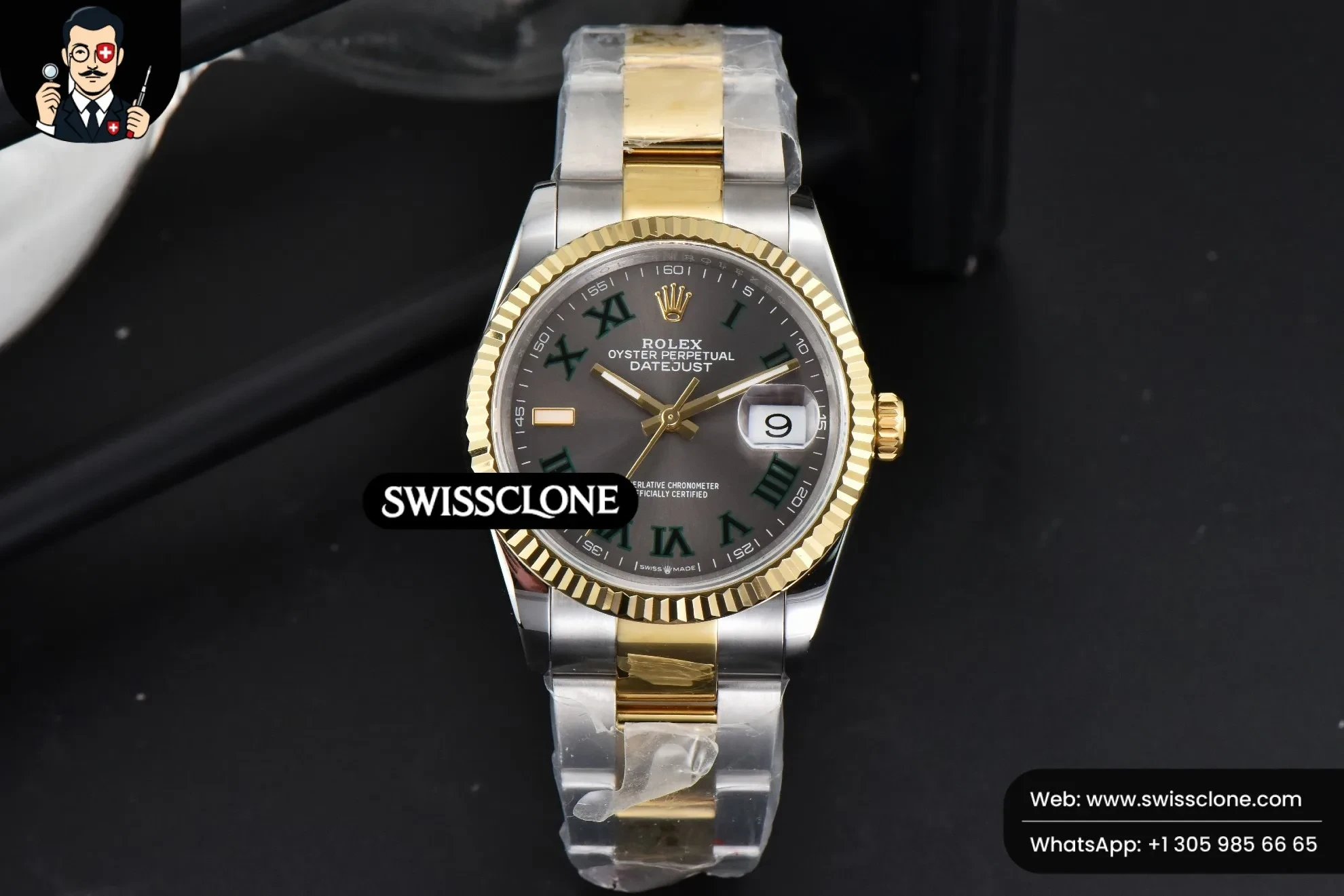 Rolex DateJust 36mm YG/SS Wimbledom Gray Dial Green Roma Marker Oyster 2824