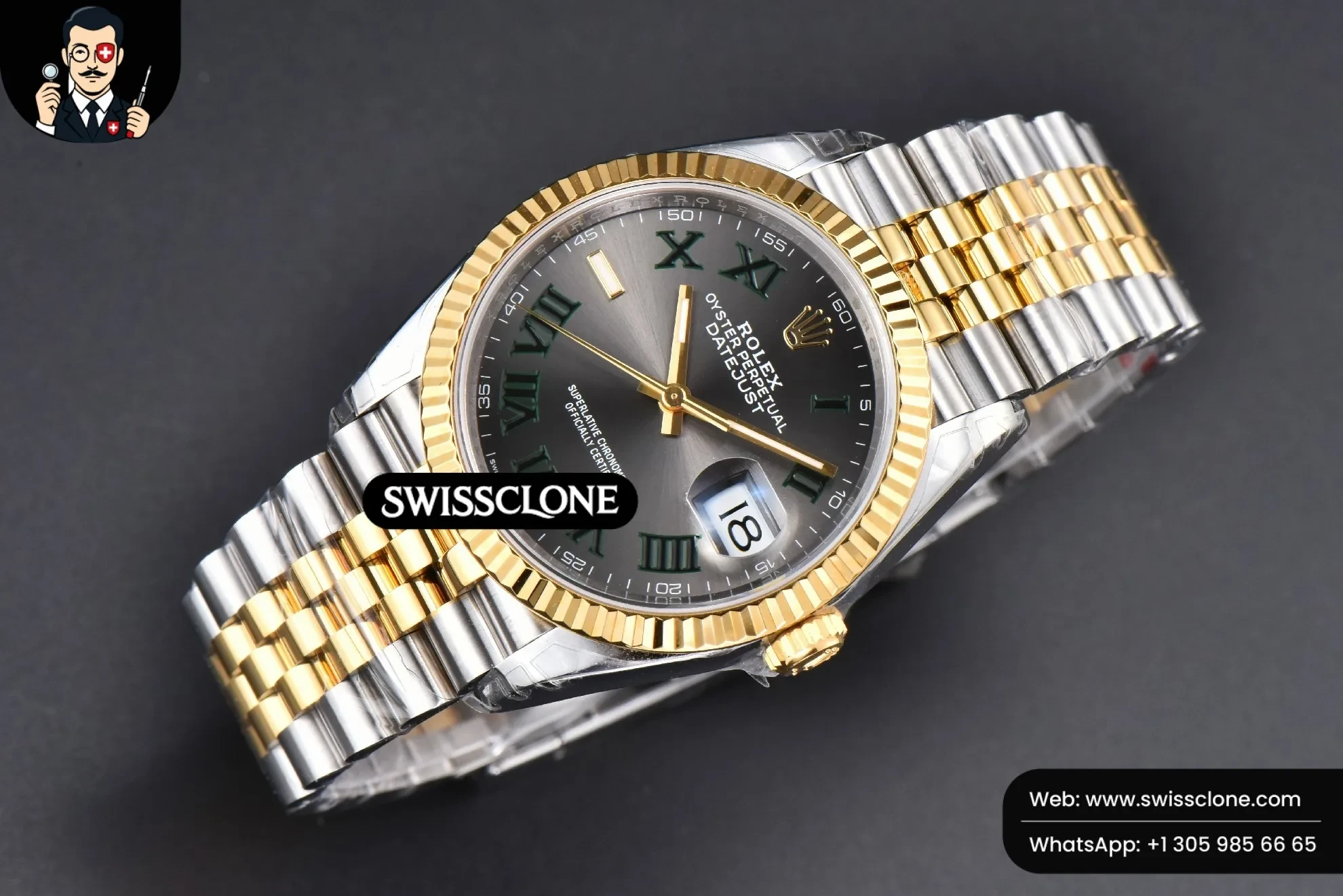 Rolex DateJust 36mm YG/SS Wimbledon Gray Dial Green Marker Jubilee VS3235 1:1 Super Clone - Bezel & Case Profile