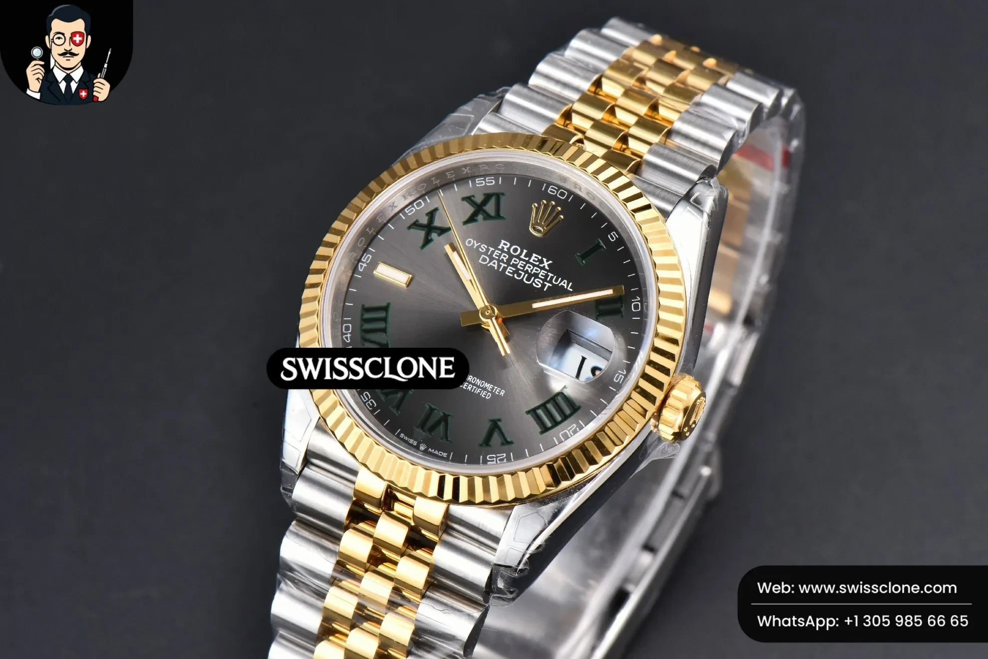 Rolex DateJust 36mm YG/SS Wimbledon Gray Dial Green Marker Jubilee VS3235 1:1 Super Clone - Clasp & Bracelet Finishing