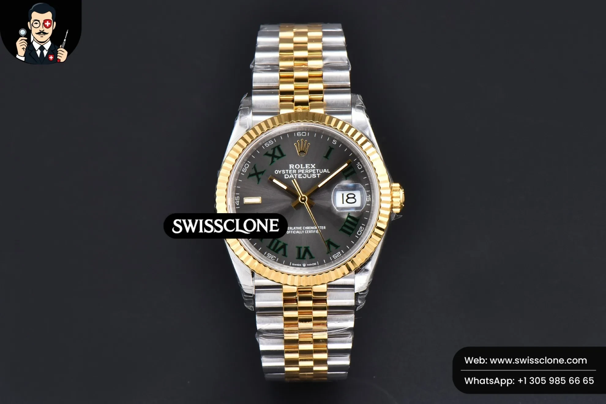 Rolex DateJust 36mm YG/SS Wimbledon Gray Dial Green Marker Jubilee VS3235 1:1 Super Clone - Dial Macro Close-Up