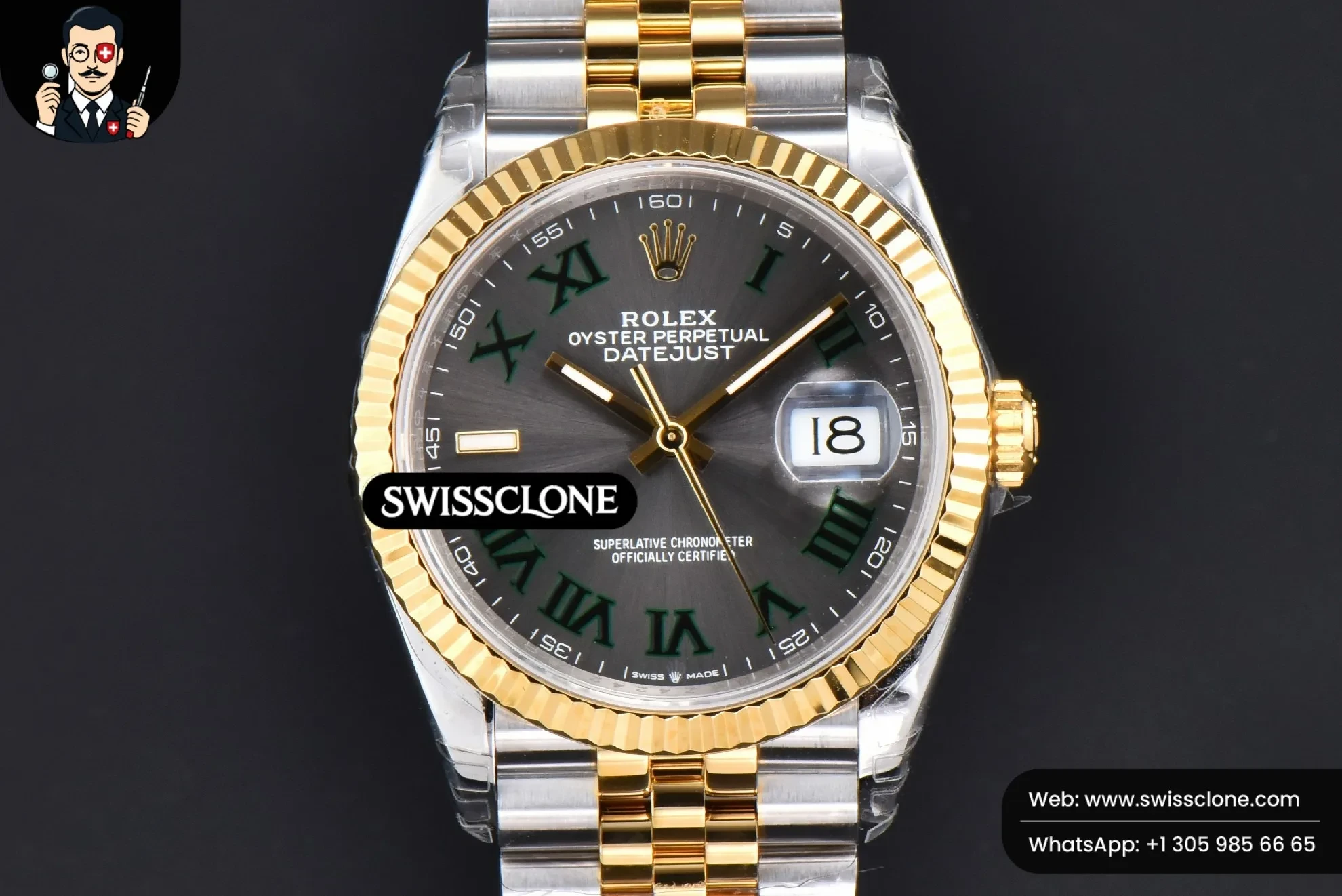 Rolex DateJust 36mm YG/SS Wimbledon Gray Dial Green Marker Jubilee VS3235