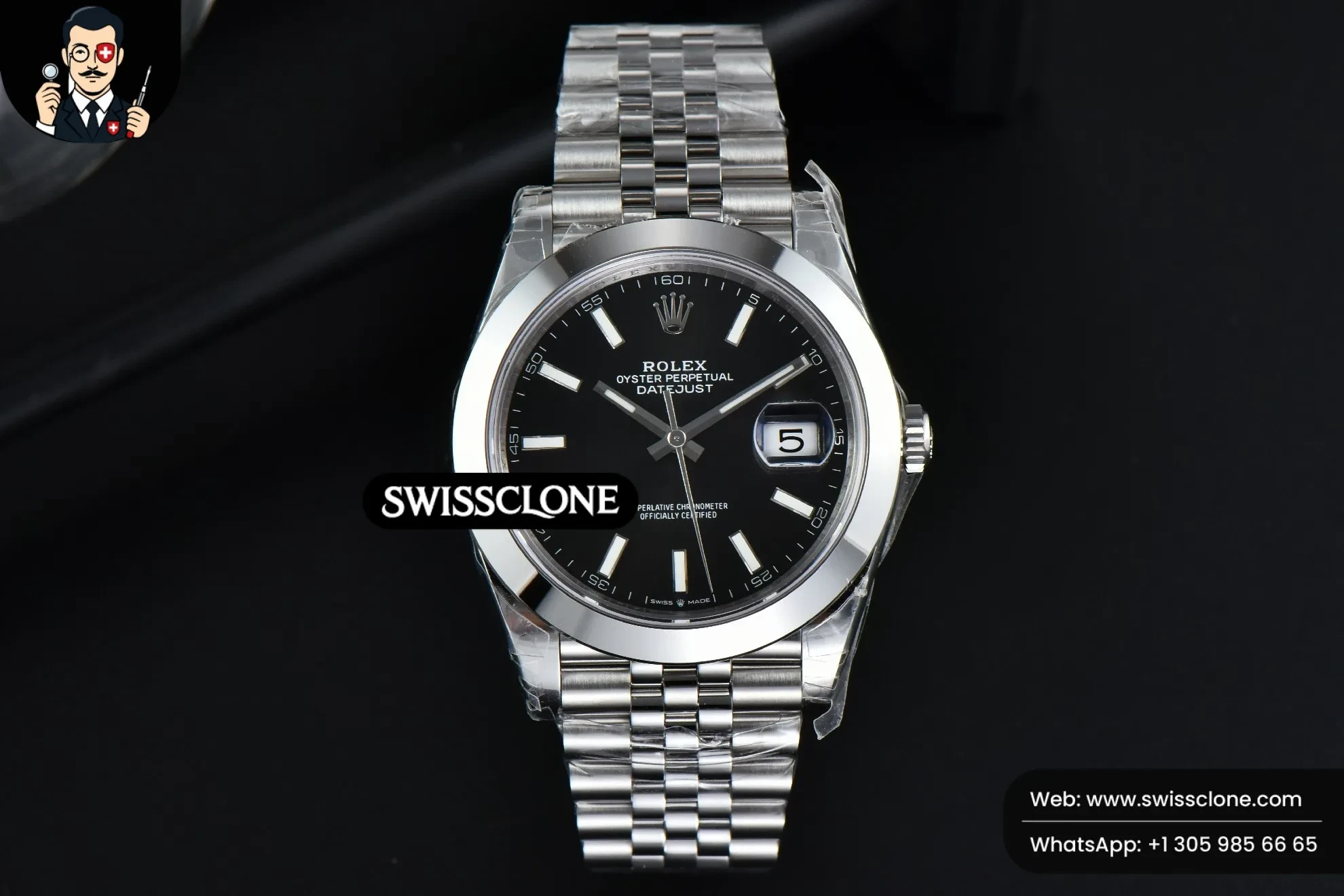Rolex DateJust 41mm 126300 Smooth Bezel Black Dial Jubilee VS3235 1:1 Super Clone - Dial Macro Close-Up