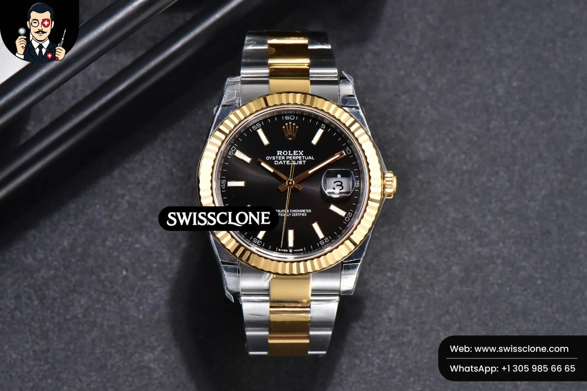 Rolex DateJust 41mm 126333 YG/SS Fluted Bezel Black Dial Oyster VS3235 1:1 Super Clone - Dial Macro Close-Up