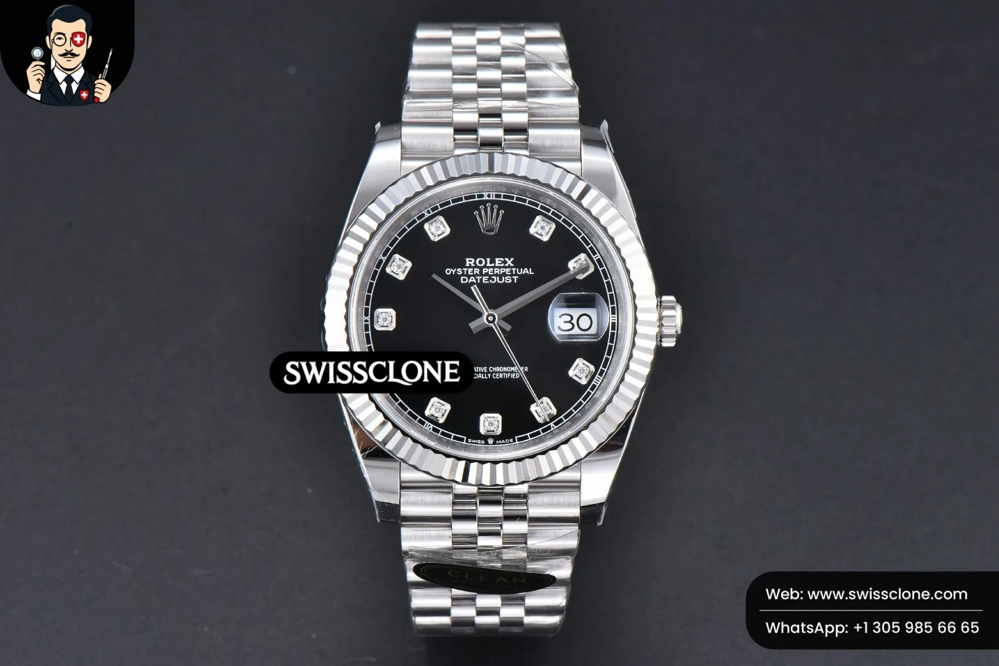 Rolex DateJust 41mm 126334 904L Black Dial Diamond Marker Jubilee VR3235 1:1 Super Clone - Dial Macro Close-Up