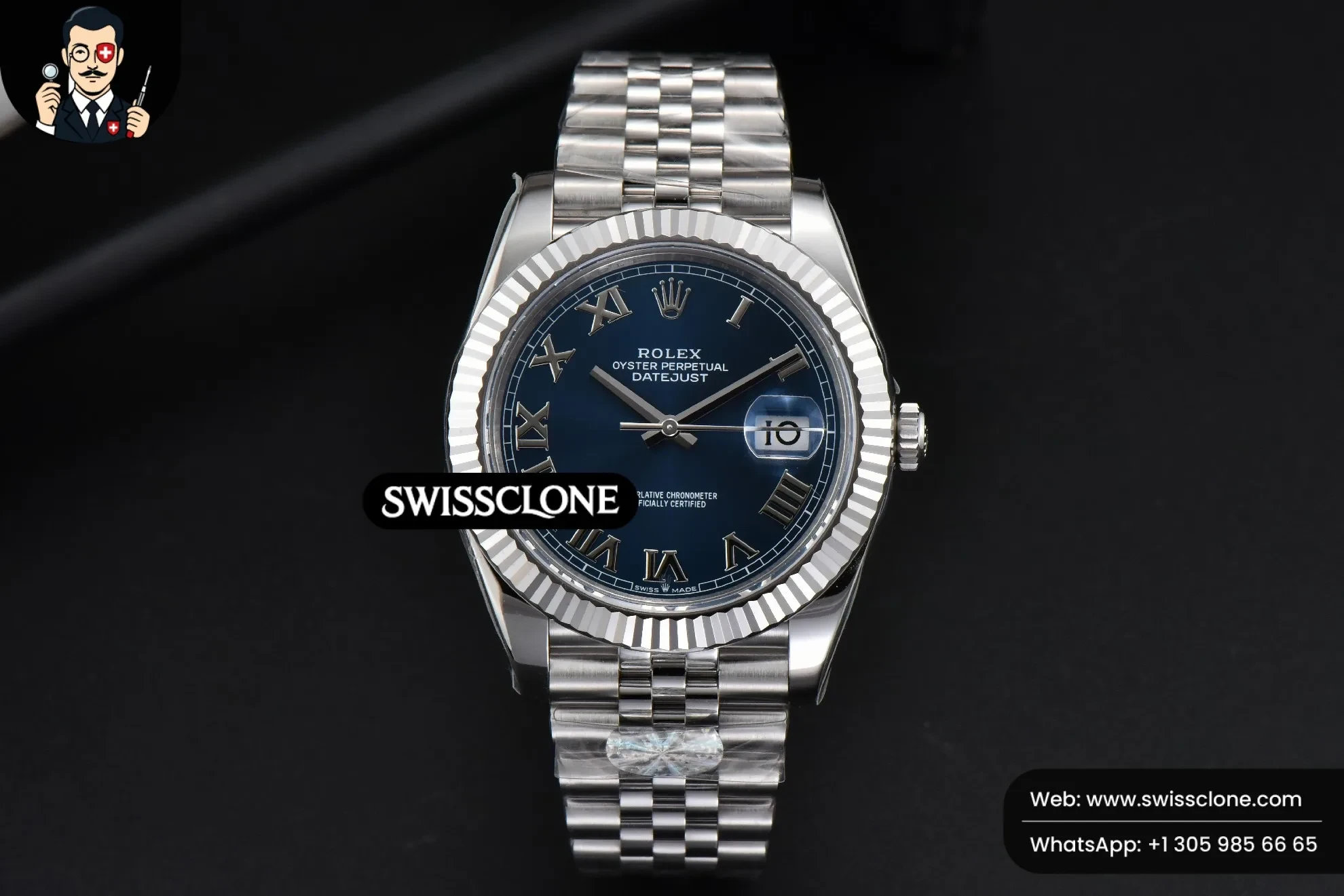 Rolex DateJust 41mm 126334 904L Fluted Bezel Blue Dial Roma Marker Jubilee 2824 1:1 Super Clone - Dial Macro Close-Up