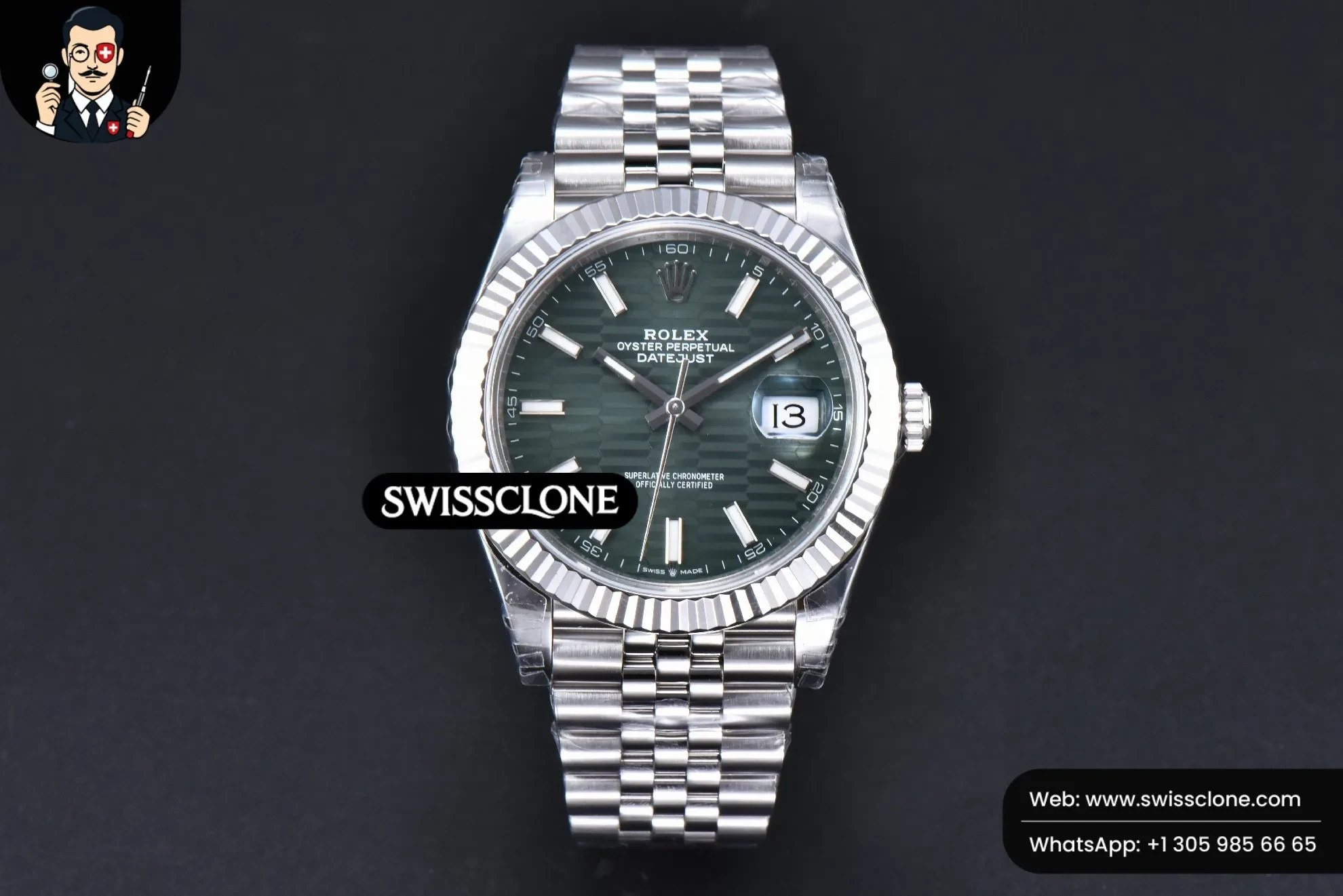 Rolex DateJust 41mm 126334 904L Green Motif Dial Jubilee VS3235 1:1 Super Clone - Dial Macro Close-Up