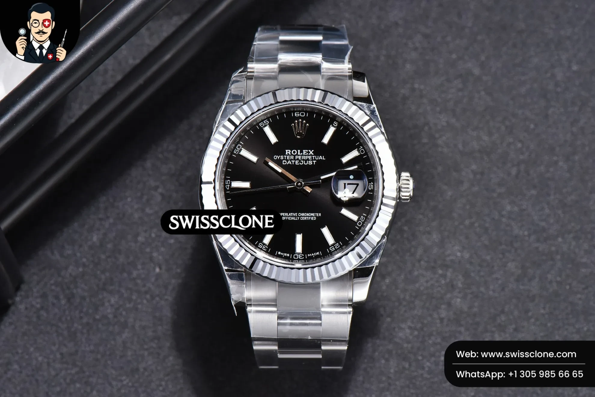 Rolex DateJust 41mm 126334 Fluted Bezel Black Dial Oyster VS3235 1:1 Super Clone - Dial Macro Close-Up