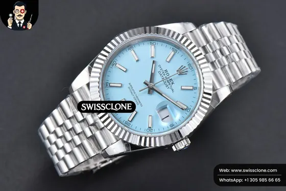 Rolex DateJust 41mm 126334 Fluted Bezel Ice Blue Dial Jubilee VR3235 1:1 Super Clone - Dial Macro Close-Up