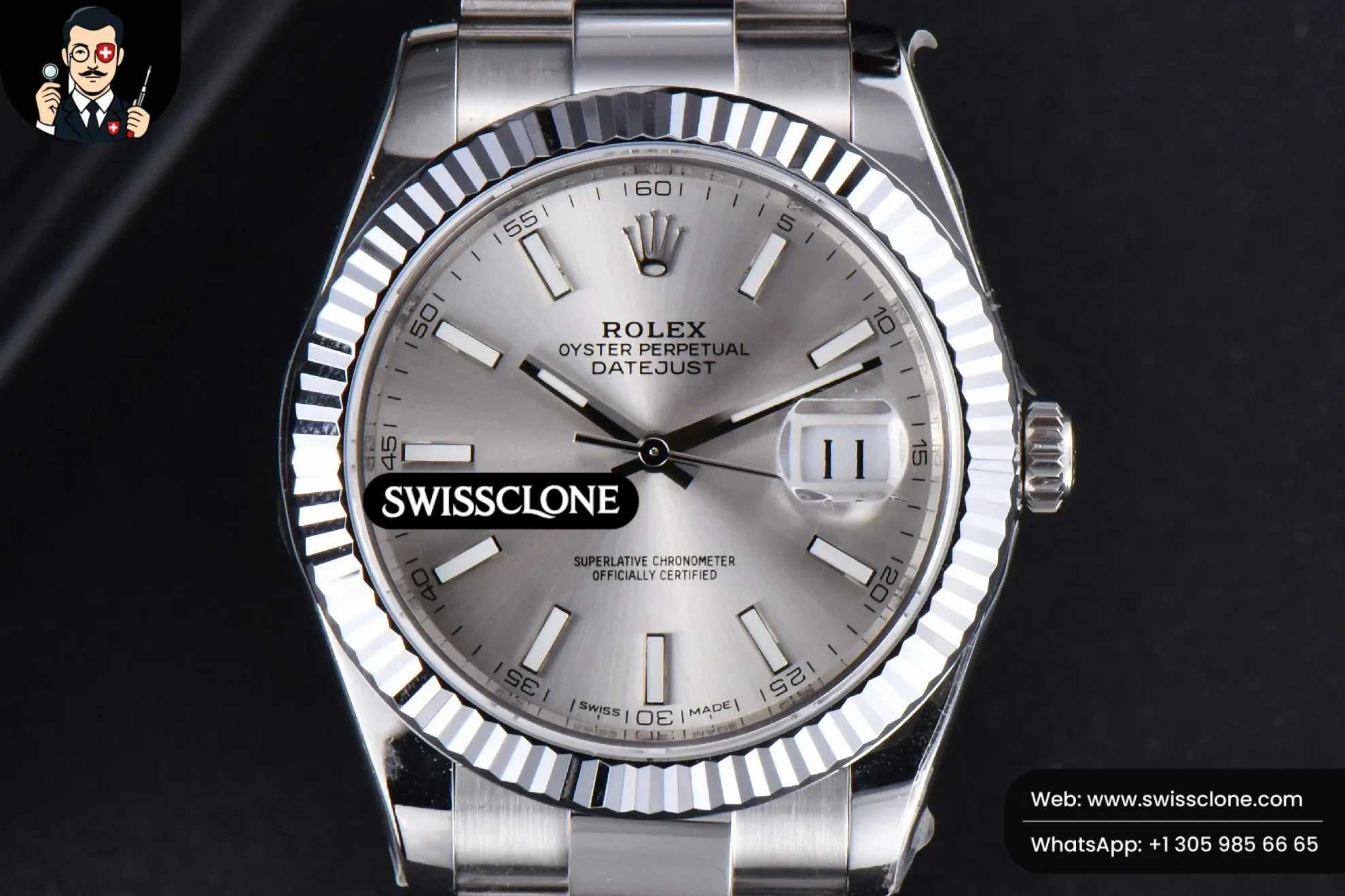 Rolex DateJust 41mm 126334 Fluted Bezel Silver Dial Oyster VS3235 (SW-31786) 1:1 Super Clone - Dial Macro & Hands Close-Up