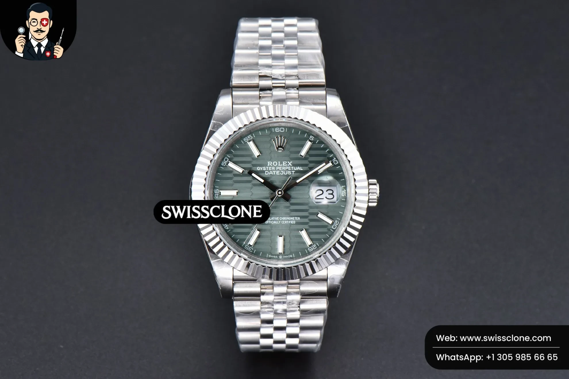 Rolex DateJust 41mm 126334 Mint Green Motif Dial Jubilee 1:1 Super Clone - Dial Macro Close-Up
