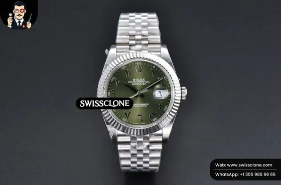 Rolex DateJust 41mm 126334 Olive Green Arabic Dial Jubilee 1:1 Super Clone - Dial Macro Close-Up