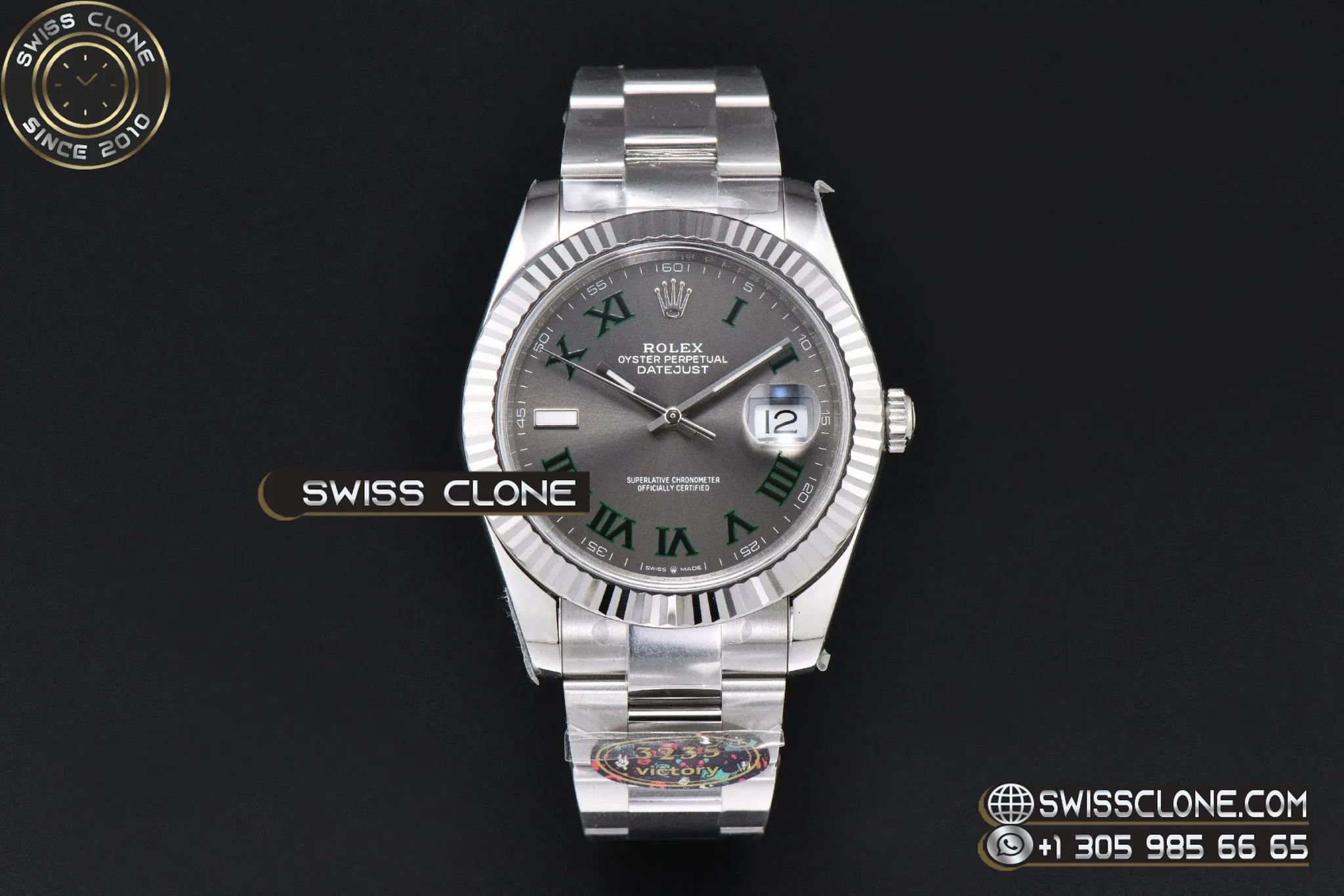 Rolex DateJust 41mm 126334 VF Wimbledon Gray Dial Green Roma Marker Oyster DD3235 1:1 Super Clone - Dial Macro Close-Up