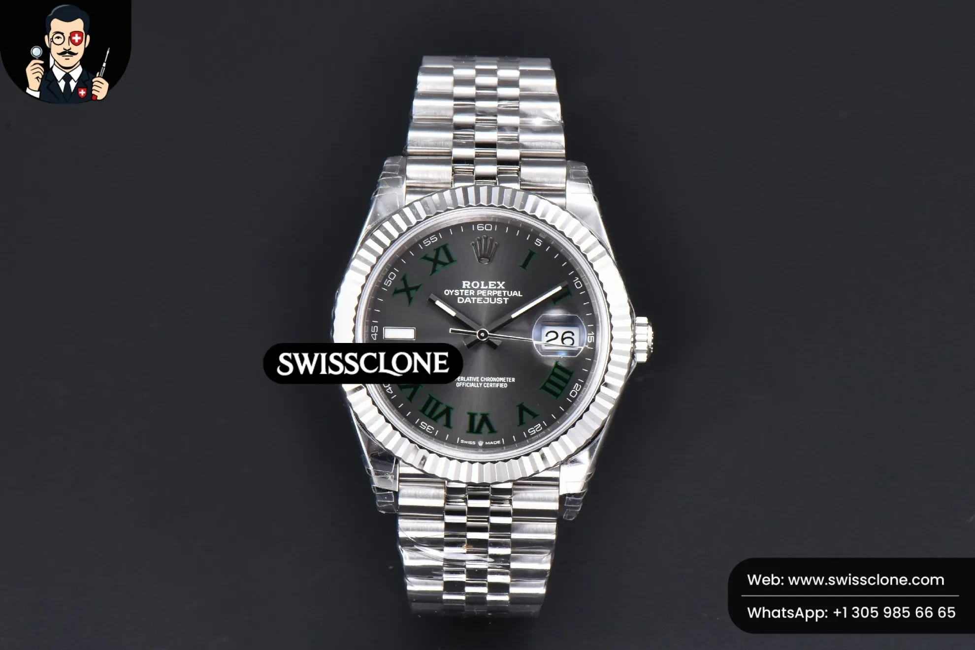 Rolex DateJust 41mm 904L Wimbledon Gray Dial Green Marker Jubilee VS3235 1:1 Super Clone - Dial Macro Close-Up
