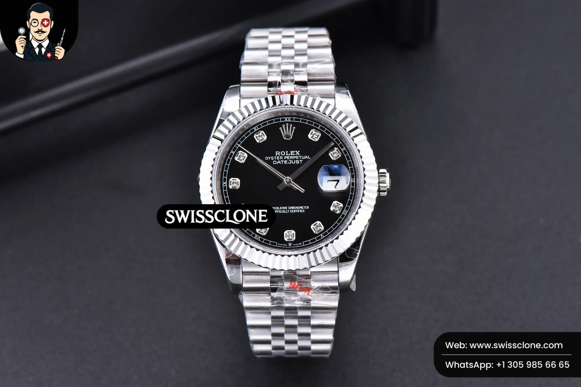Rolex Datejust 41mm Black Dial Diamond Marker Fluted Bezel Jubille VR3235 1:1 Super Clone - Dial Macro Close-Up