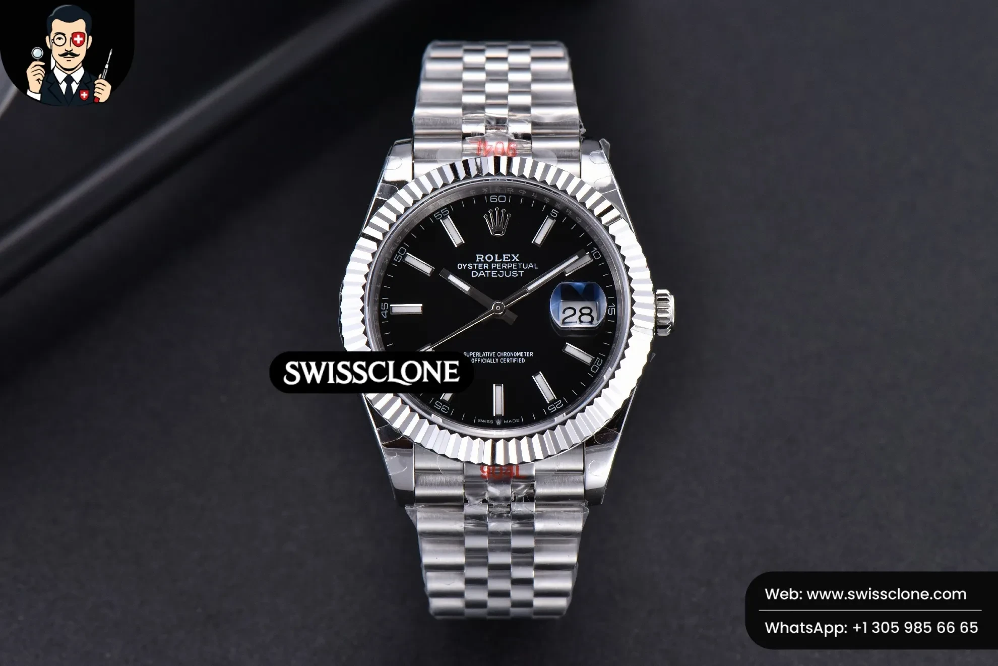 Rolex Datejust 41mm Black Dial Lume Marker Fluted Bezel Jubille VR3235 1:1 Super Clone - Dial Macro Close-Up
