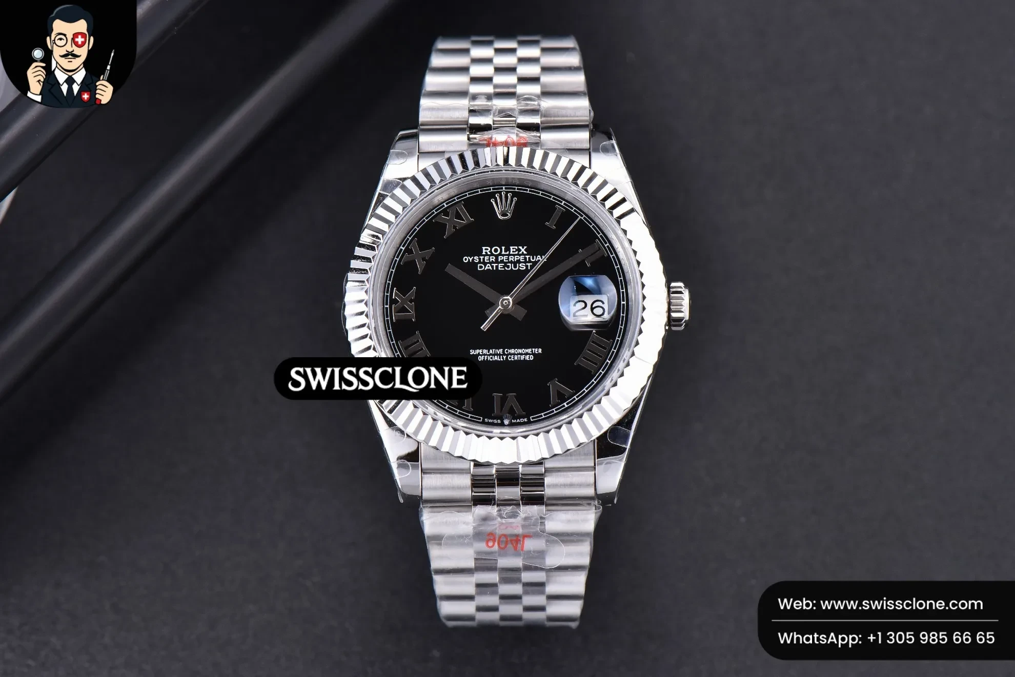 Rolex Datejust 41mm Black Dial Roma Marker Fluted Bezel Jubille VR3235 1:1 Super Clone - Dial Macro Close-Up
