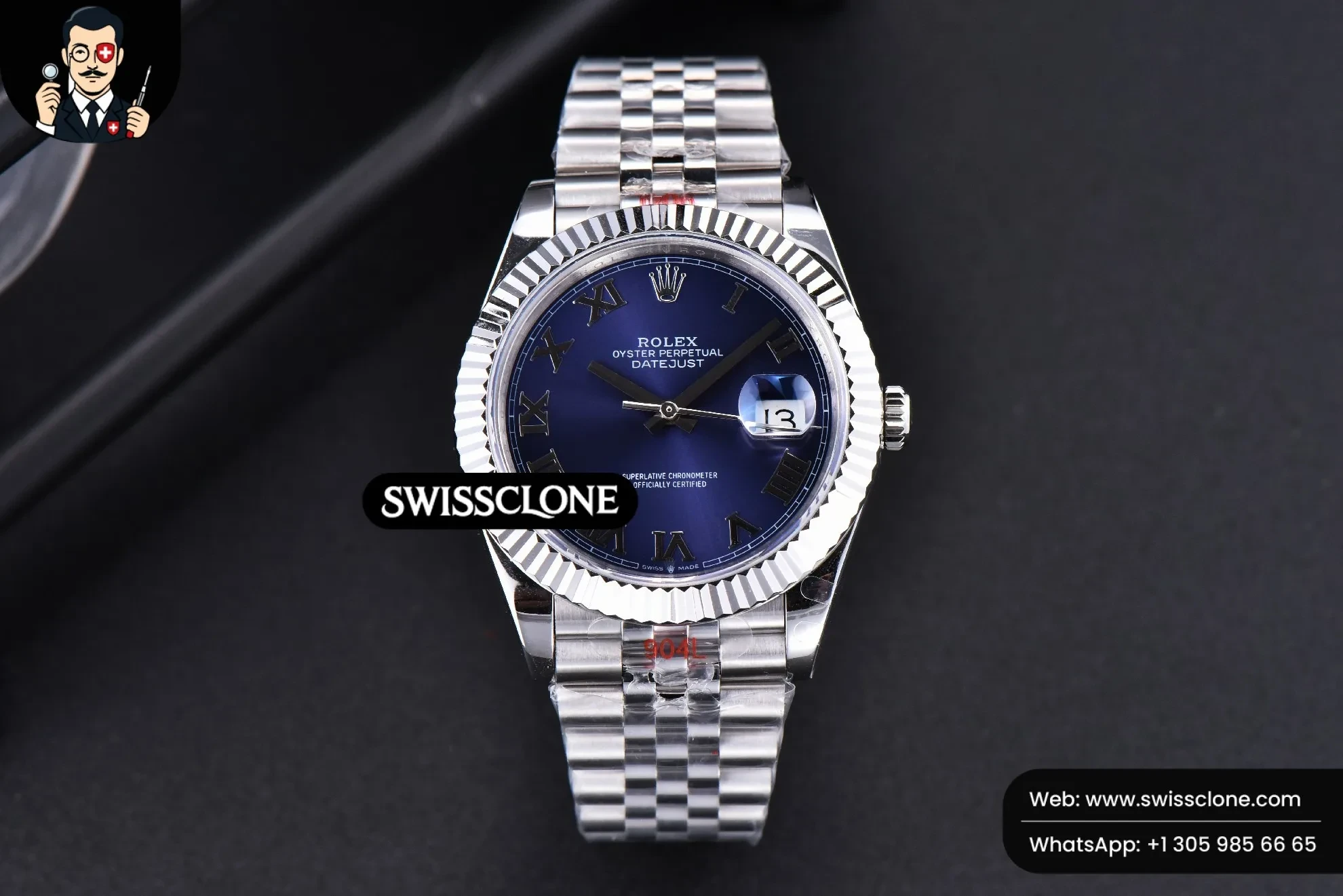 Rolex Datejust 41mm Blue Dial Roma Marker Fluted Bezel Jubille VR3235 1:1 Super Clone - Dial Macro Close-Up