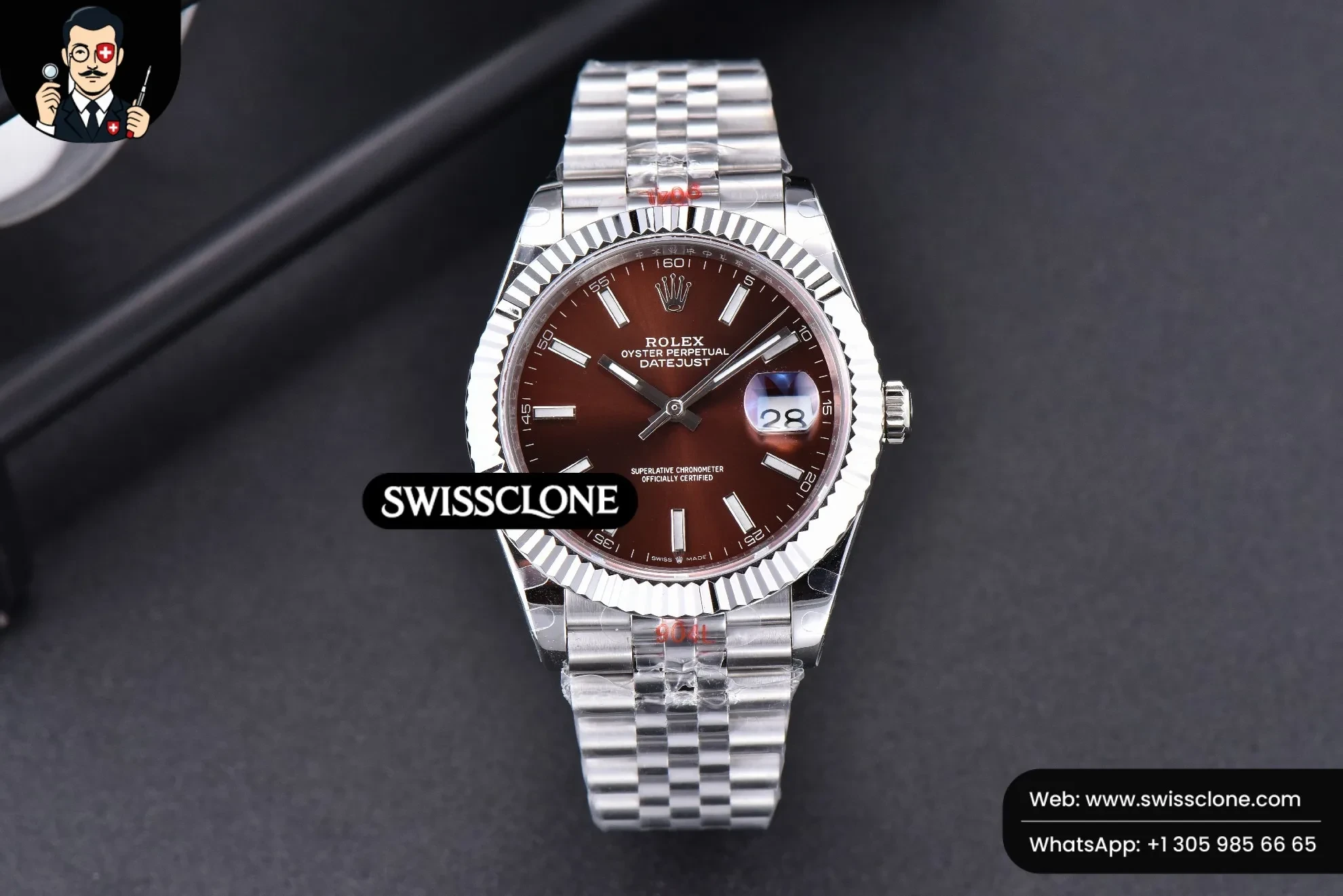 Rolex Datejust 41mm Borwn Dial Lume Marker Fluted Bezel Jubille VR3235 1:1 Super Clone - Dial Macro Close-Up