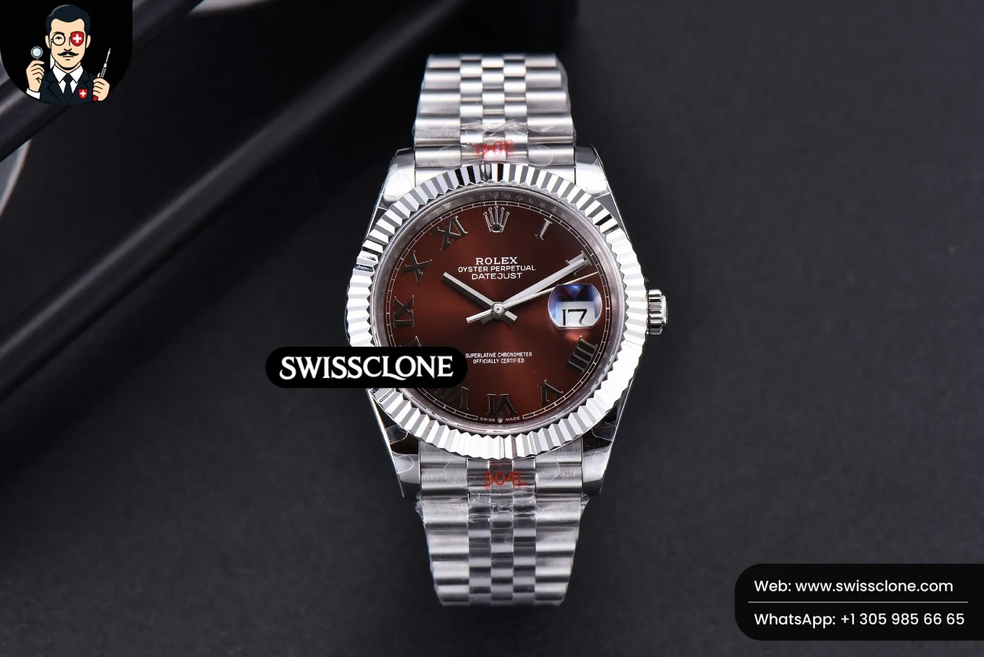 Rolex Datejust 41mm Borwn Dial Roma Marker Fluted Bezel Jubille VR3235 1:1 Super Clone - Dial Macro Close-Up