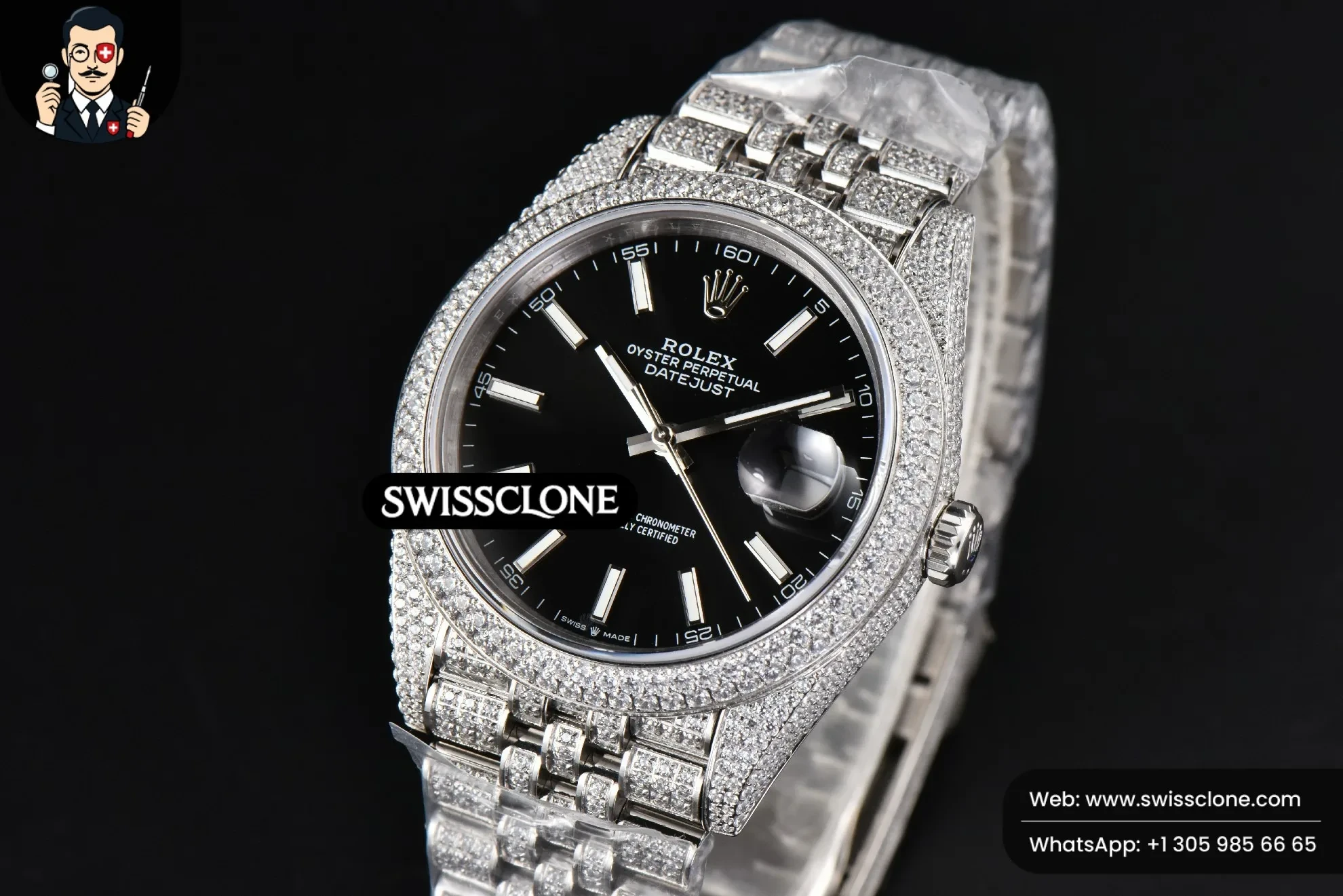 Rolex Datejust 41mm Full Diamond Black Dial Jubilee 1:1 Super Clone - Bezel & Case Profile